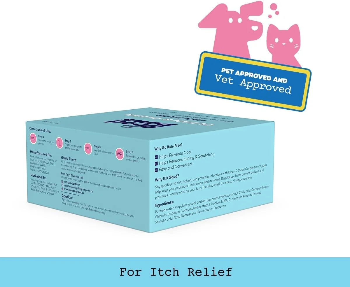 مجموعه مراقبت از گوش سگ و گربه | پدهای تمیز کننده گوش (50 عدد) + محلول پاک کننده گوش (100 میلی لیتر) | جلوگیری از عفونت، کاهش خارش و جرم گوش | بابونه، چریش و سالیسیلیک اسید