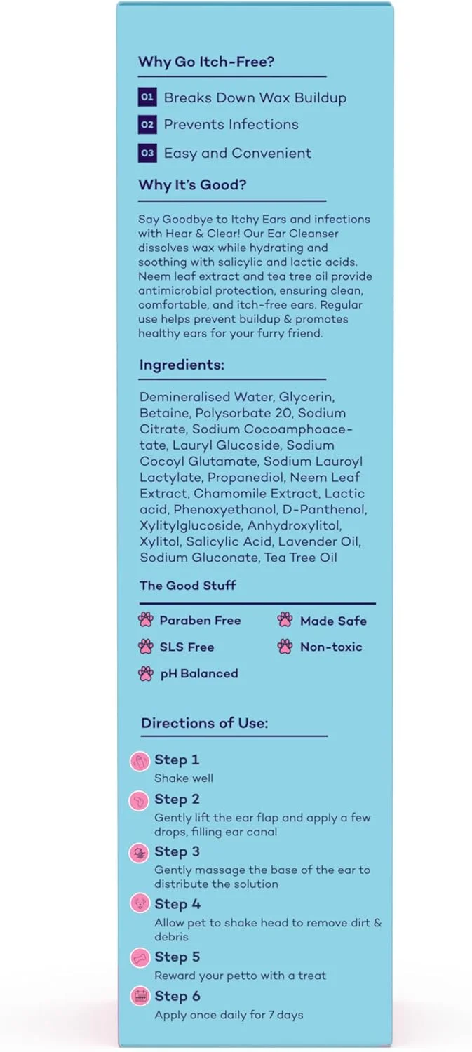 محلول پاک کننده گوش سگ و گربه | جلوگیری از عفونت | تسکین خارش | کاهش جرم گوش | اسید سالیسیلیک 0.3٪، بابونه، عصاره چریش، روغن درخت چای | گوش های سالم | 100 میلی لیتر