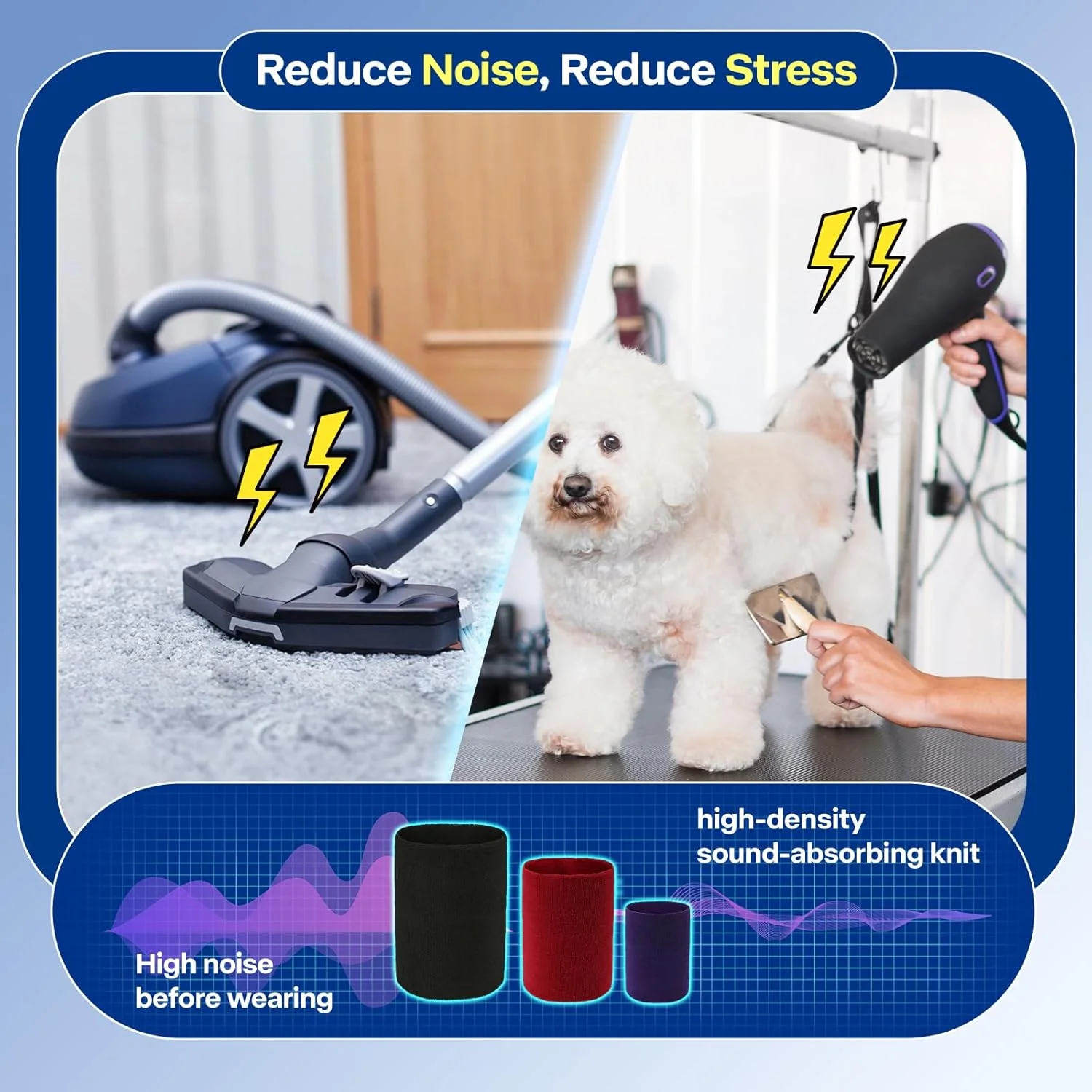 بسته 3 عددی (S، M، L) باند آرامش بخش سگ و گربه، پوشش کاهش اضطراب گربه، باند گردنی الاستیک ضخیم دولایه، گوش گیر برای کاهش اضطراب/محافظت در برابر صدا، نظافت، رعد و برق، آتش بازی