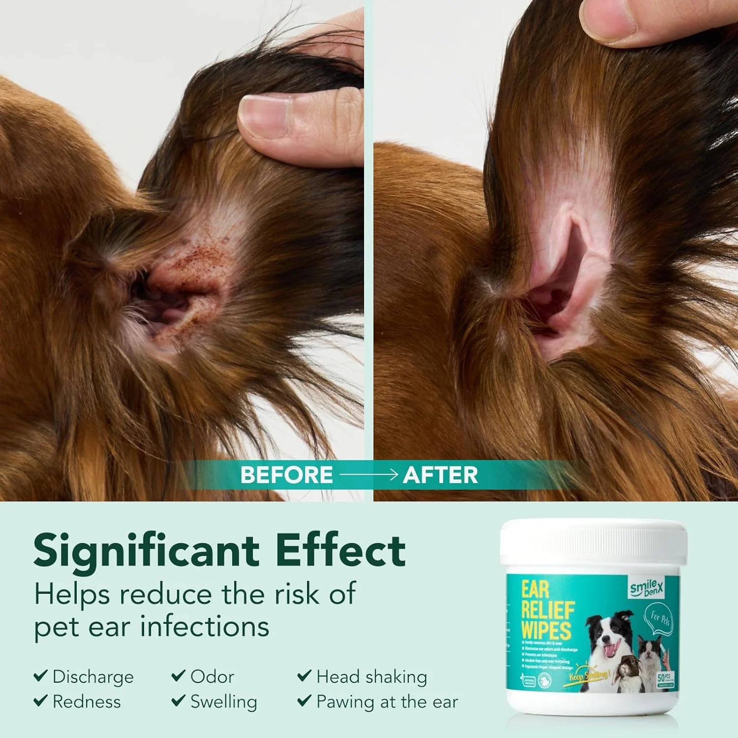 دستمال مرطوب انگشتی تمیز کننده گوش سگ - به آرامی جرم و آلودگی گوش را پاک می کند، خارش و التهاب گوش را تسکین می دهد - دستمال مرطوب پاک کننده و خوشبو کننده ملایم برای مراقبت از گوش گربه و سگ (50 عدد، بدون عطر)