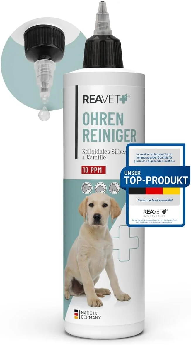 محلول پاک کننده گوش سگ و گربه ریوِت 250 میلی لیتر - پاک کننده گوش با نقره کلوئیدی + بابونه طبیعی | مناسب برای تمیز کردن گوش سگ، گربه، اسب