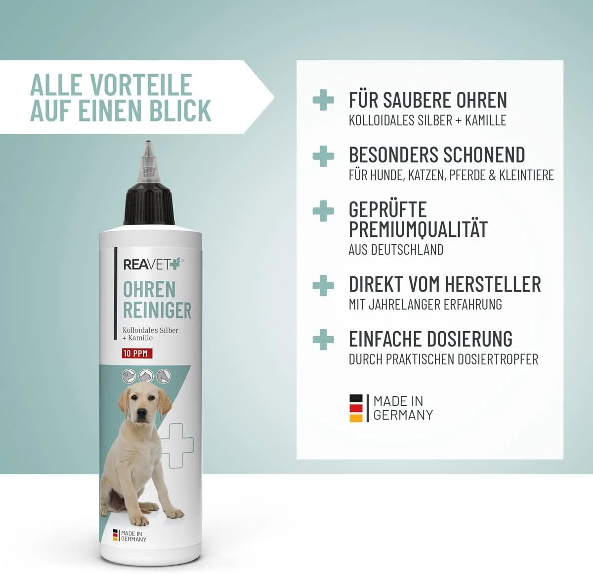 محلول پاک کننده گوش سگ و گربه ریوِت 250 میلی لیتر - پاک کننده گوش با نقره کلوئیدی + بابونه طبیعی | مناسب برای تمیز کردن گوش سگ، گربه، اسب