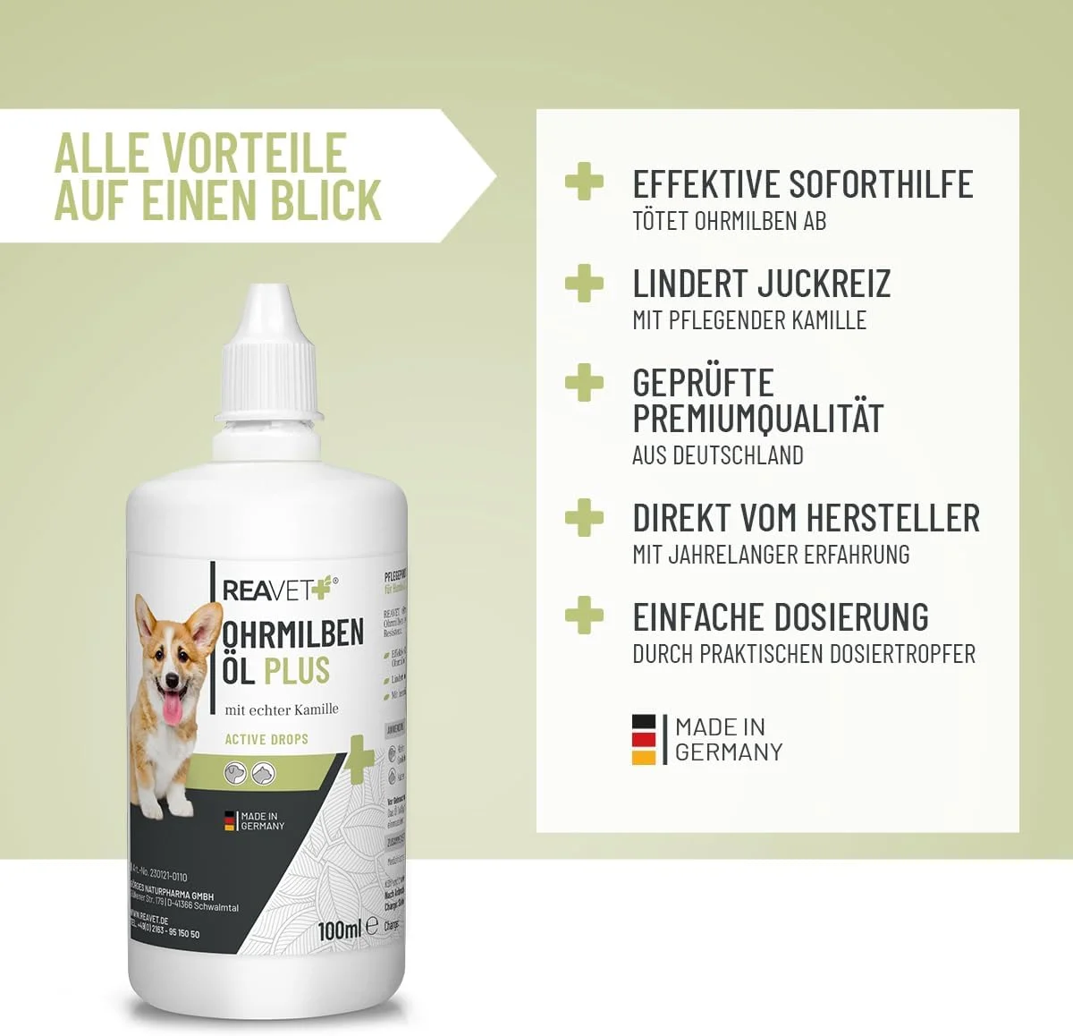 روغن شیری گوش ReaVET پلاس 110 میلی لیتر، ماده موثر فوری برای سگ ها، گربه ها و حیوانات خانگی، مراقبت ملایم برای خارش گوش، قطره گوش، پاک کننده گوش