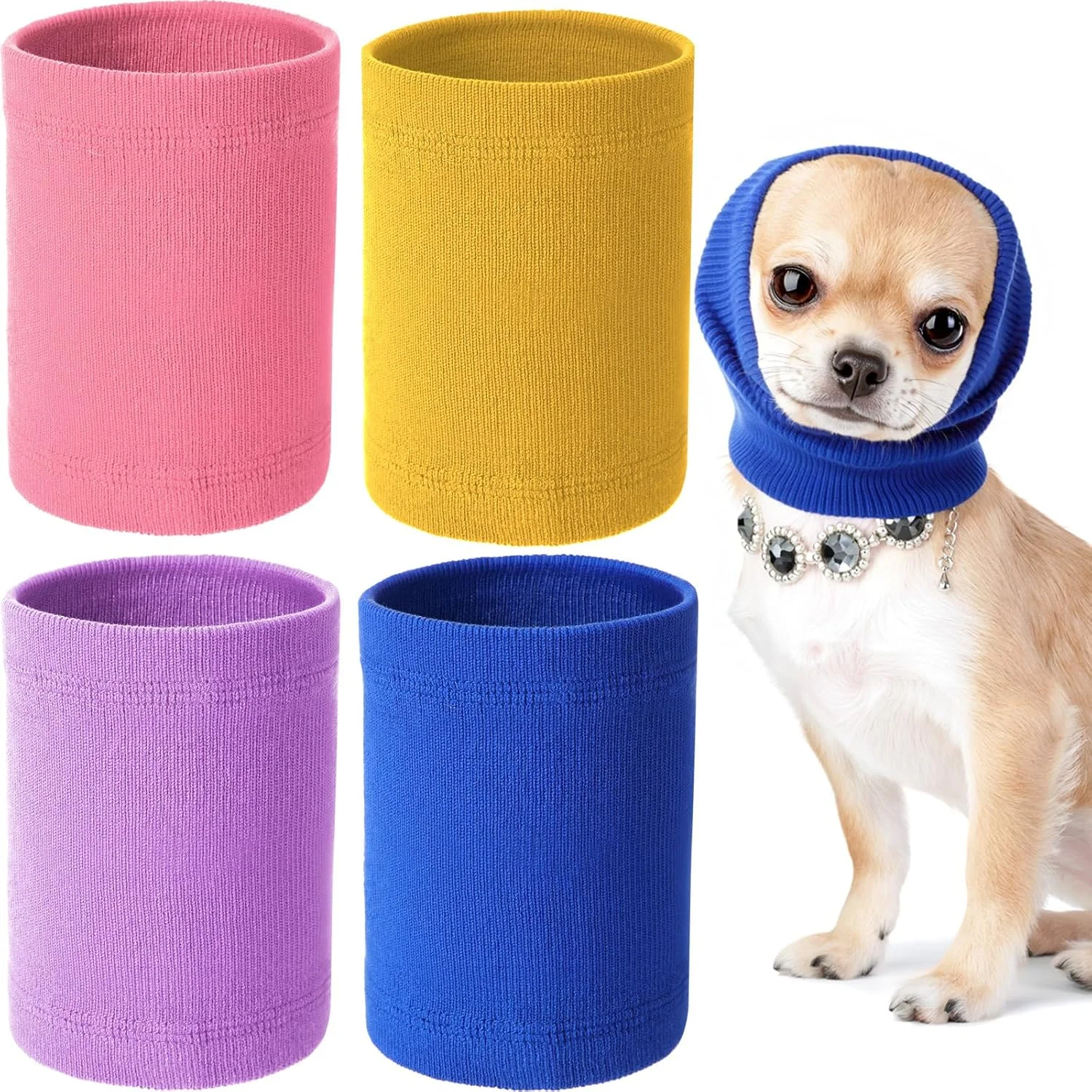 سنتریگو 4 عدد اسنود سگ در 3 سایز، پوشش گوش حیوانات خانگی، محافظ صدا برای پارس کردن و حمام کردن، شال گردن زمستانی گرم برای آرام کردن (آبی، زرد، بنفش روشن، صورتی، کوچک)
