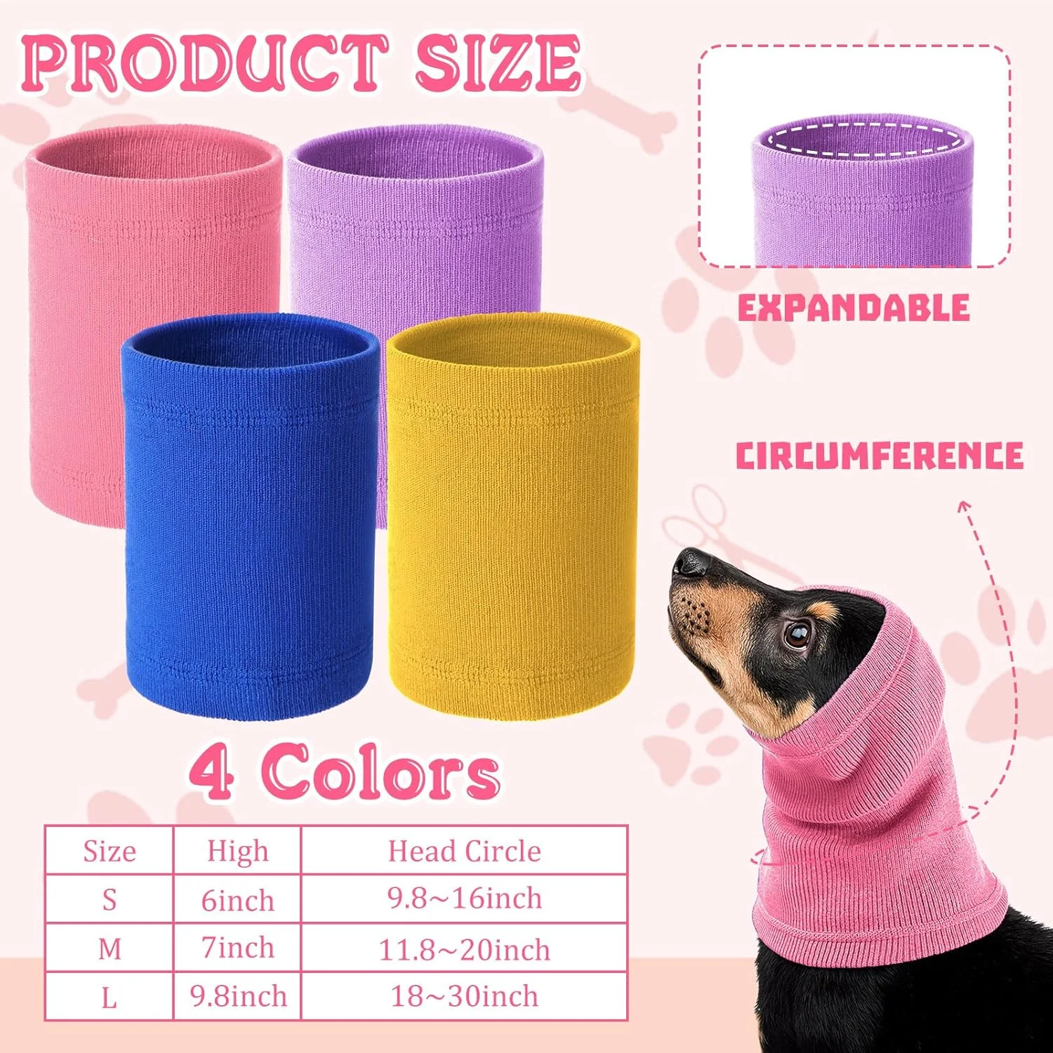 سنتریگو 4 عدد اسنود سگ در 3 سایز، پوشش گوش حیوانات خانگی، محافظ صدا برای پارس کردن و حمام کردن، شال گردن زمستانی گرم برای آرام کردن (آبی، زرد، بنفش روشن، صورتی، کوچک)