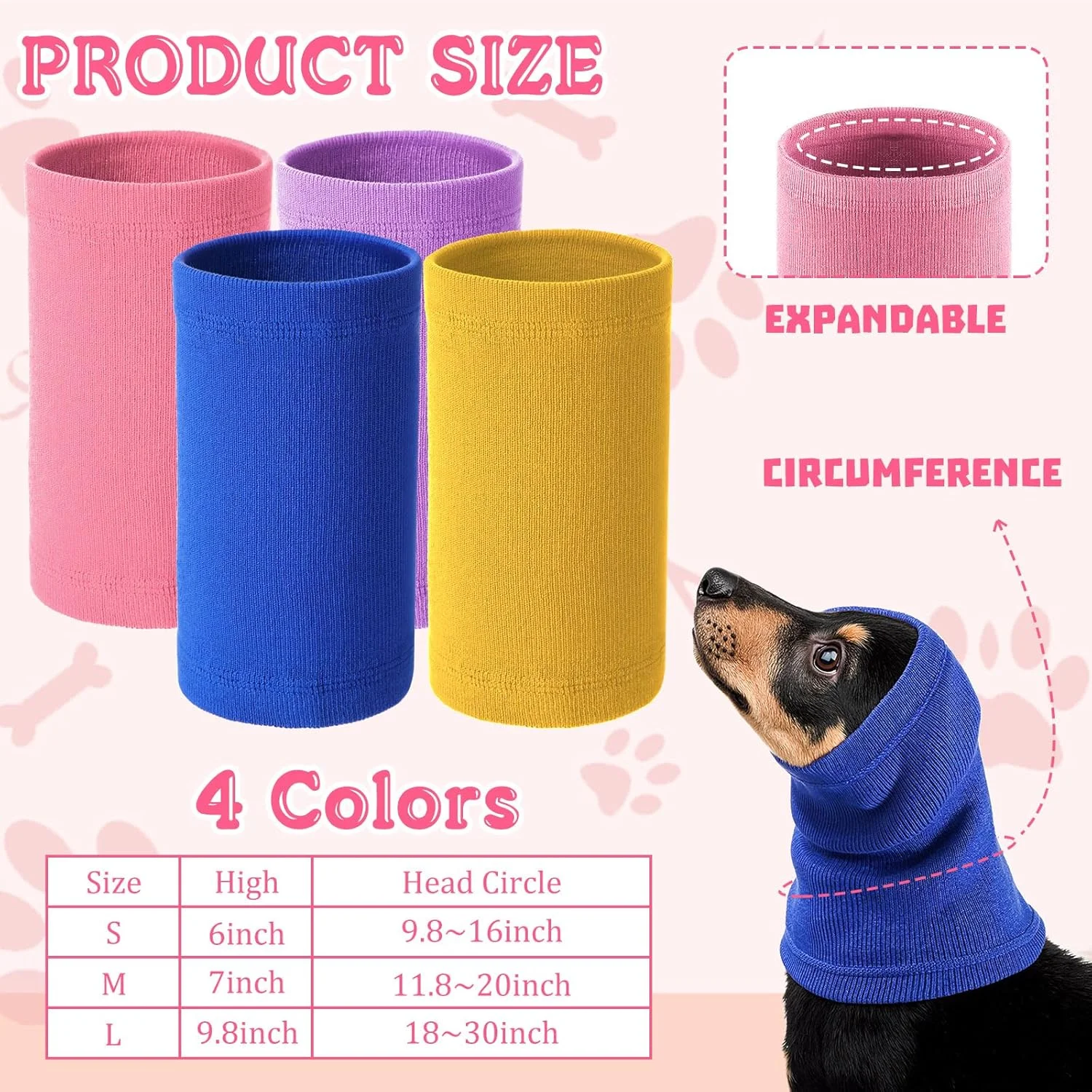 سنتریگو 4 عدد اسنود سگ در 3 سایز، پوشش گوش حیوانات خانگی، محافظ صدا برای پارس کردن و حمام کردن، شال گردن زمستانی گرم برای آرام کردن (آبی، زرد، بنفش روشن، صورتی، M)
