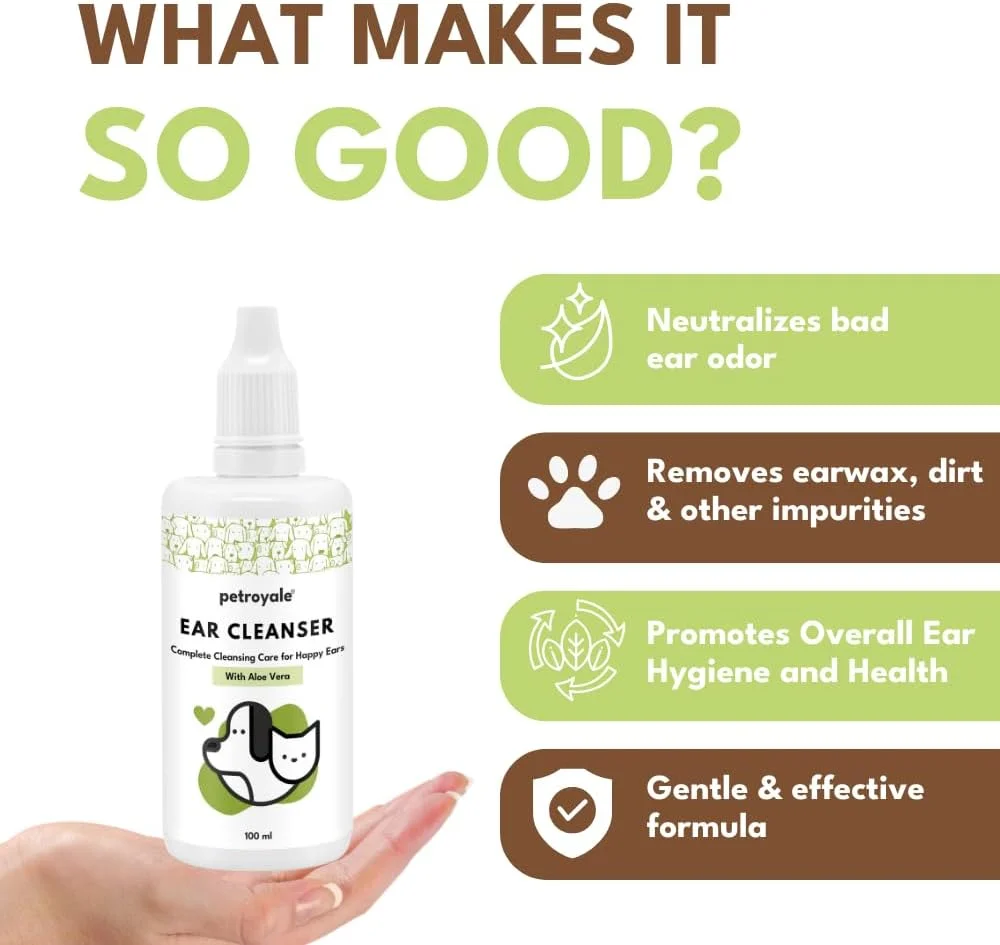 محلول پاک کننده گوش سگ پترویال | فرمول موثر و ملایم | از بین بردن آلودگی، جرم اضافی، کنه | بهبود شنوایی | تسکین خارش | محلول پاک کننده گوش سگ با بافر Tris EDTA