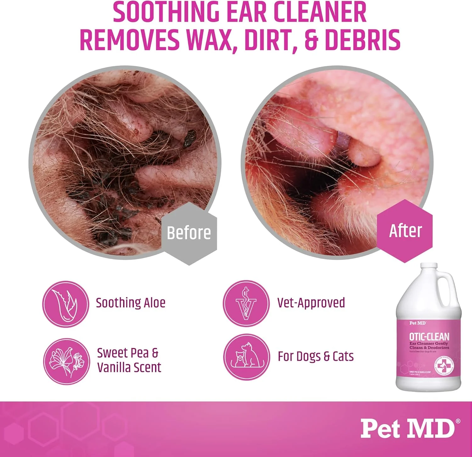 محلول پاک کننده گوش سگ و گربه Pet MD Otic-Clean - محلول گوش فرموله شده توسط دامپزشک برای سگ ها و گربه ها - پاک کننده گوش حیوانات خانگی برای خارش، بو و تجمع جرم - محلول خوشبو کننده پاک کننده گوش گربه - 3.7 لیتر