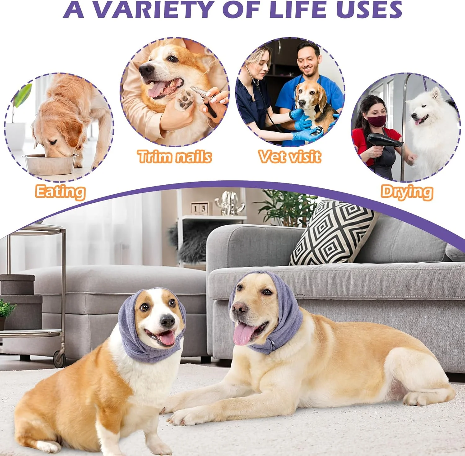 محافظ گوش سگ، محافظت از گوش سگ در برابر صدا، اسنود برای گرم نگه داشتن گوش سگ، هدبند سگ، پوشش گوش سگ برای حمام، خشک کردن با فشار، تسکین اضطراب، هدبند سگ، هودی آرام بخش سگ بنفش، S