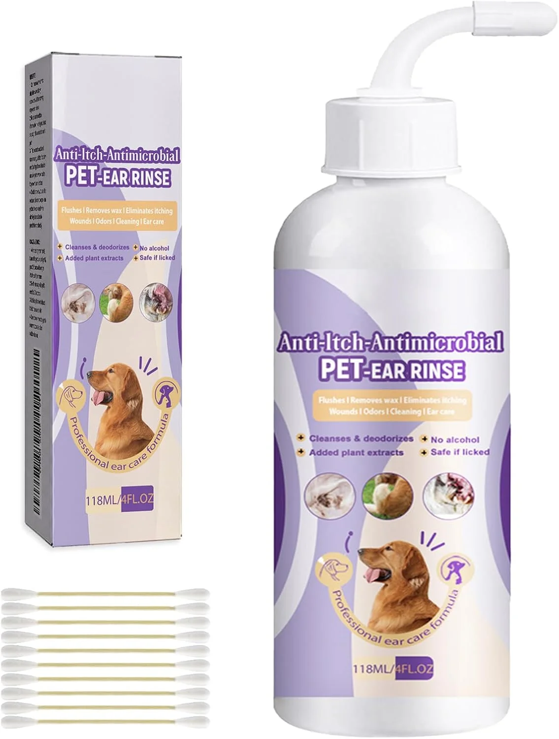 محلول پاک کننده گوش سگ 118 میلی لیتر + 10 عدد گوش پاک کن دو طرفه 7.1 سانتی متر، قطره گوش سگ، پاک کننده گوش سگ ها، پاک کننده گوش حیوانات خانگی، تمیز کننده گوش حیوانات خانگی، مراقبت از گوش برای بهداشت گوش سگ و گربه