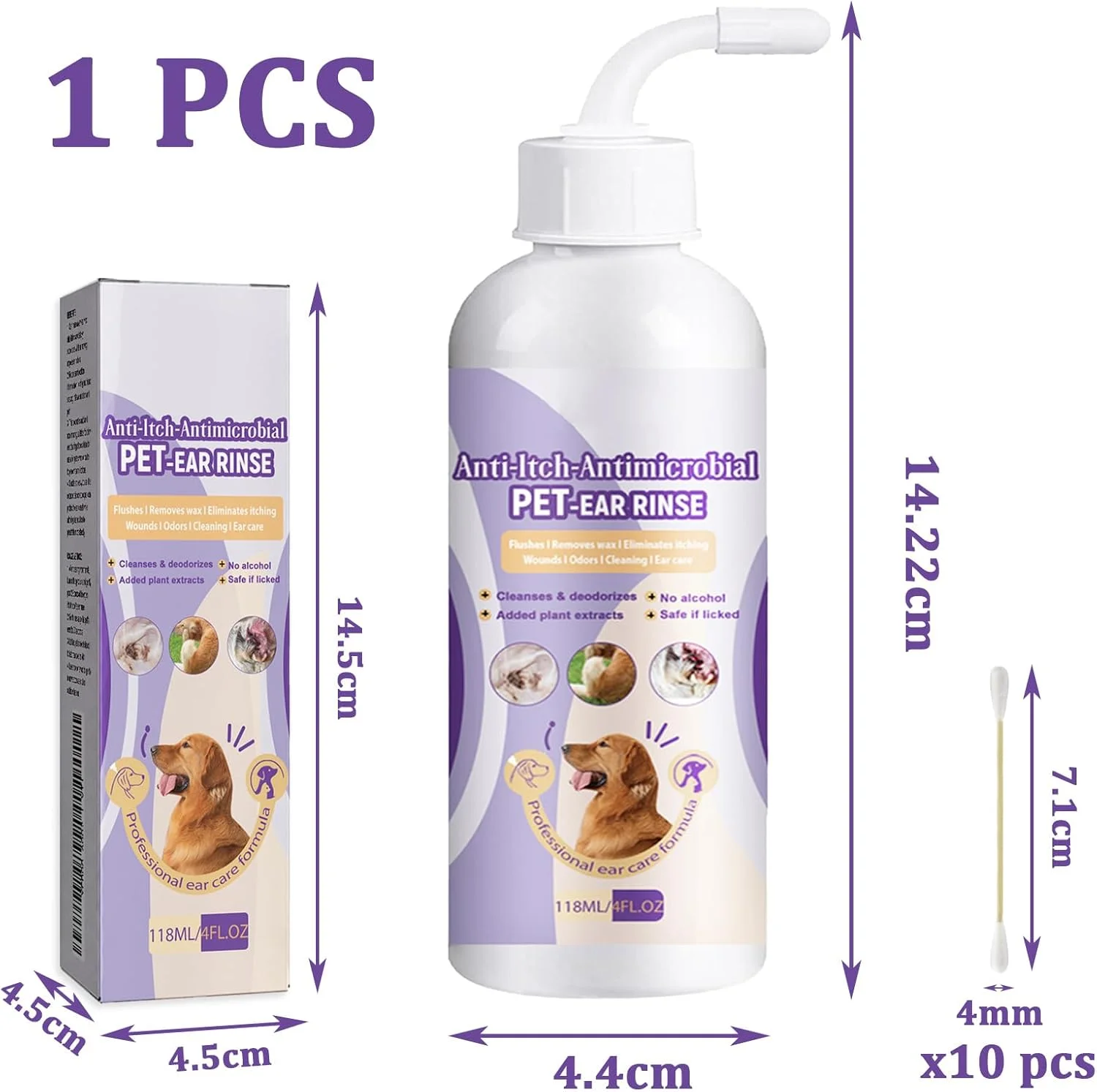 محلول پاک کننده گوش سگ 118 میلی لیتر + 10 عدد گوش پاک کن دو طرفه 7.1 سانتی متر، قطره گوش سگ، پاک کننده گوش سگ ها، پاک کننده گوش حیوانات خانگی، تمیز کننده گوش حیوانات خانگی، مراقبت از گوش برای بهداشت گوش سگ و گربه