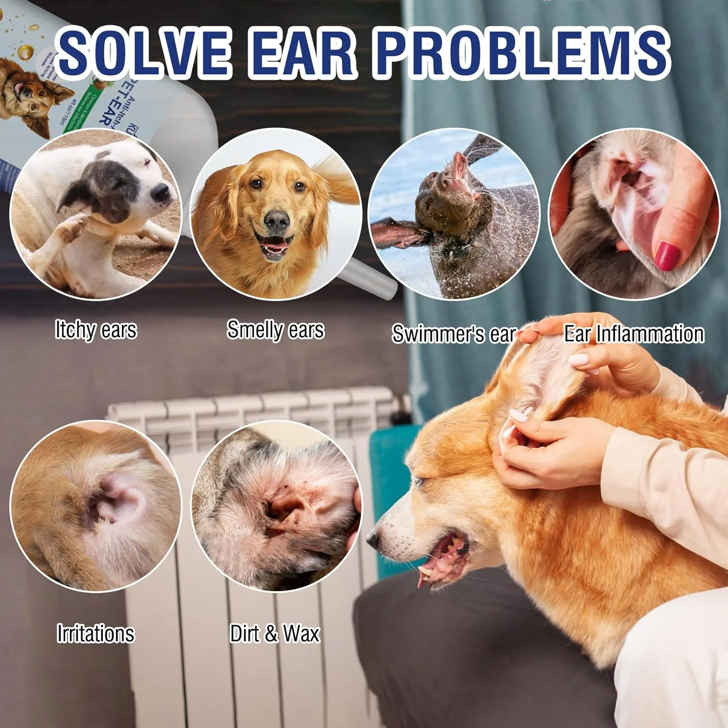 محلول پاک کننده گوش حیوانات خانگی با فرمول طبیعی 118 میلی لیتر، محلول ملایم برای مراقبت از گوش، درمان عفونت گوش سگ به همراه 10 عدد گوش پاک کن