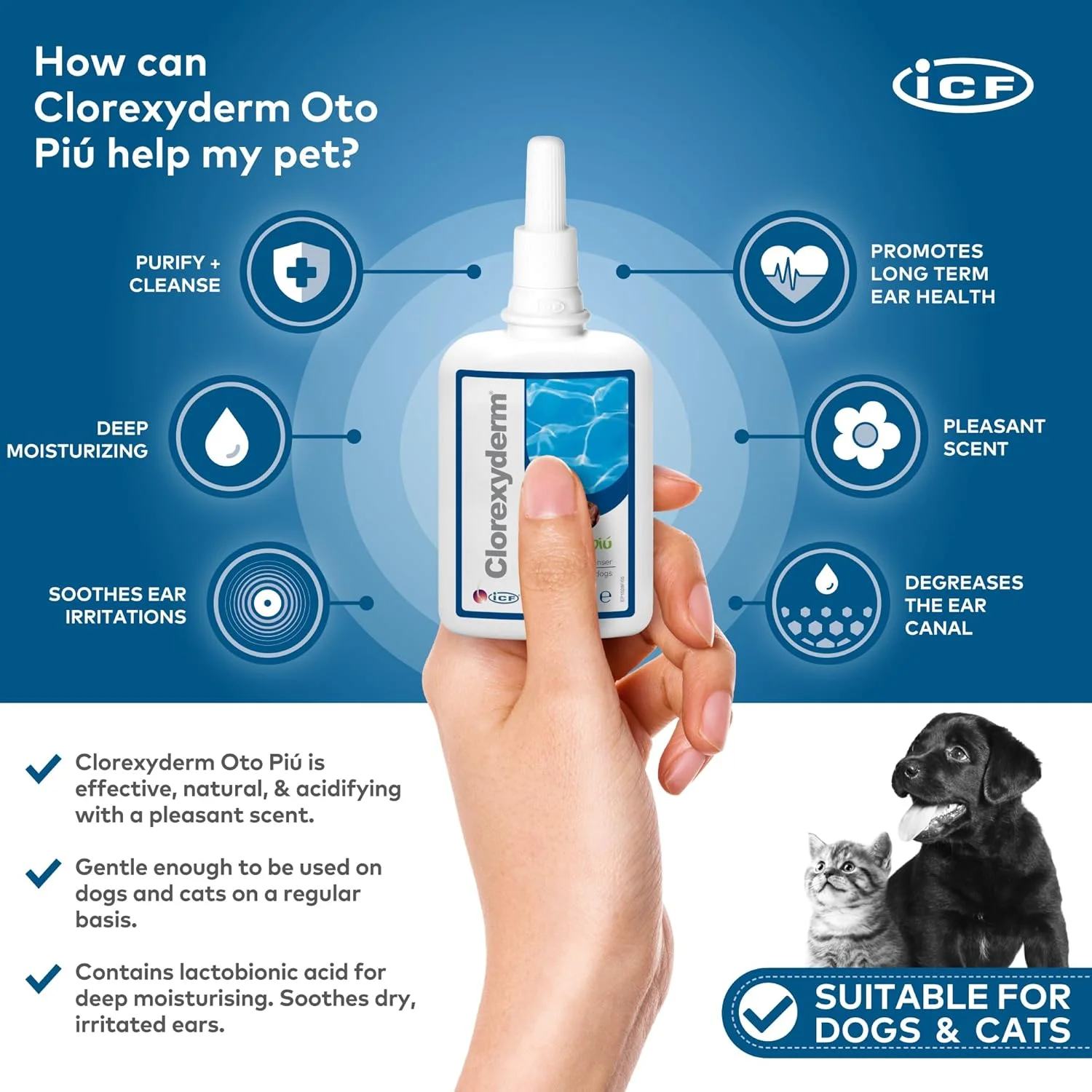 محلول پاک کننده گوش سگ و گربه کلورکسیدرم اوتو پیو | قطره گوش سگ برای جلوگیری از تجمع جرم، تکان دادن سر، ناراحتی، بوی بد گوش و خاراندن | 150 میلی لیتر