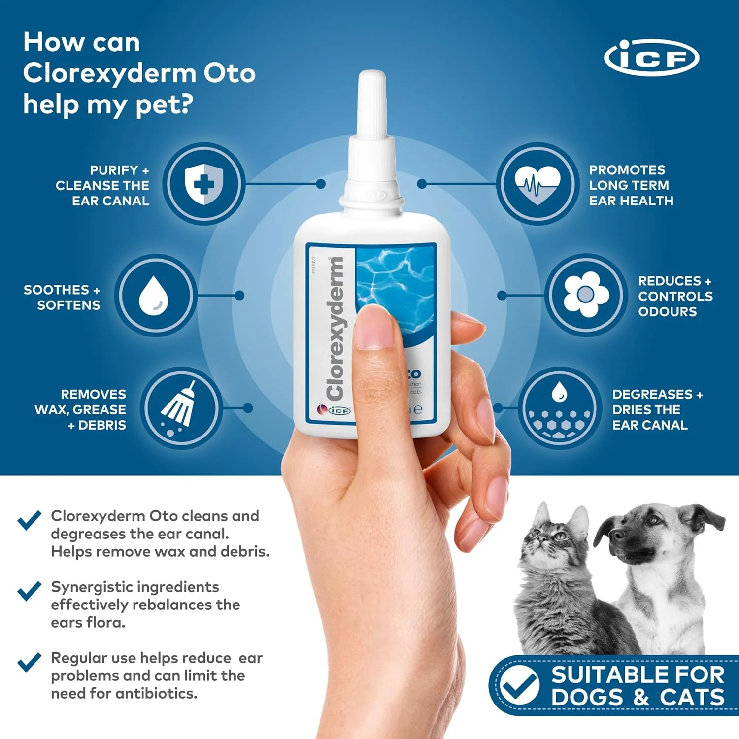 محلول شستشوی گوش کلورکسیدرم اتو آی سی اف برای حیوانات 150 میلی لیتر