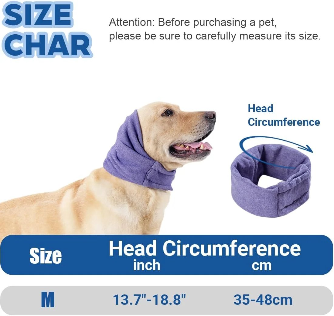 بسته 1 محافظ گوش آرامش بخش بنفش برای سگ ها، لوازم جانبی حیوانات خانگی، محافظ گوش سگ، دستمال سر حیوانات خانگی، محافظ سر با قابلیت تمیز کردن آسان برای سگ ها با نوار خود چسب قابل تنظیم (M)