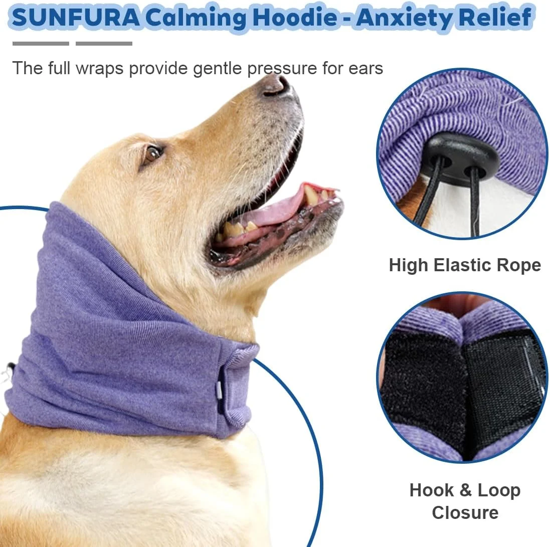 بسته 1 محافظ گوش آرامش بخش بنفش برای سگ ها، لوازم جانبی حیوانات خانگی، محافظ گوش سگ، دستمال سر حیوانات خانگی، محافظ سر با قابلیت تمیز کردن آسان برای سگ ها با نوار خود چسب قابل تنظیم (M)