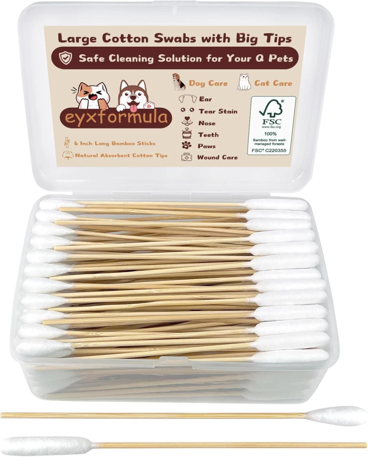 گوش پاک کن پنبه ای 15 سانتی متری eyxformula برای تمیز کردن حیوانات خانگی، دسته بامبو، لوازم محلول تمیز کننده گوش حیوانات خانگی برای سگ و گربه