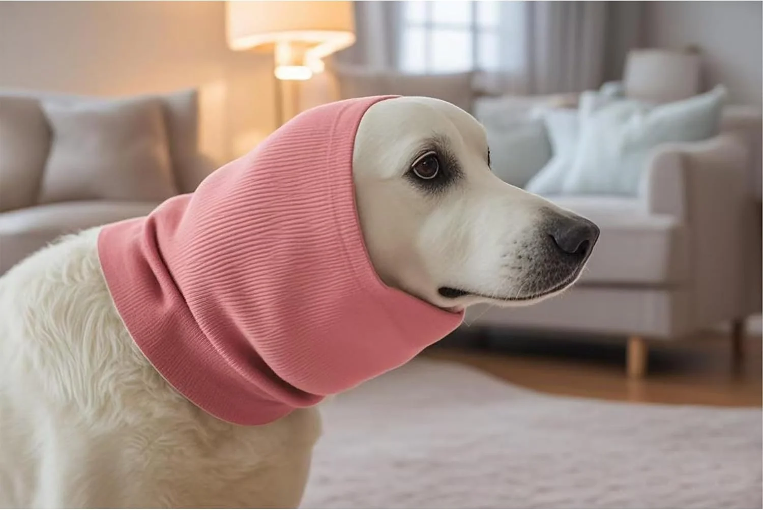 گرمکن گردن سگ، روکش سر و گوش حیوانات خانگی برای کاهش اضطراب - حذف نویز برای آتش بازی، رعد و برق، آرایش حیوانات خانگی و خشک کردن با فشار (صورتی M)