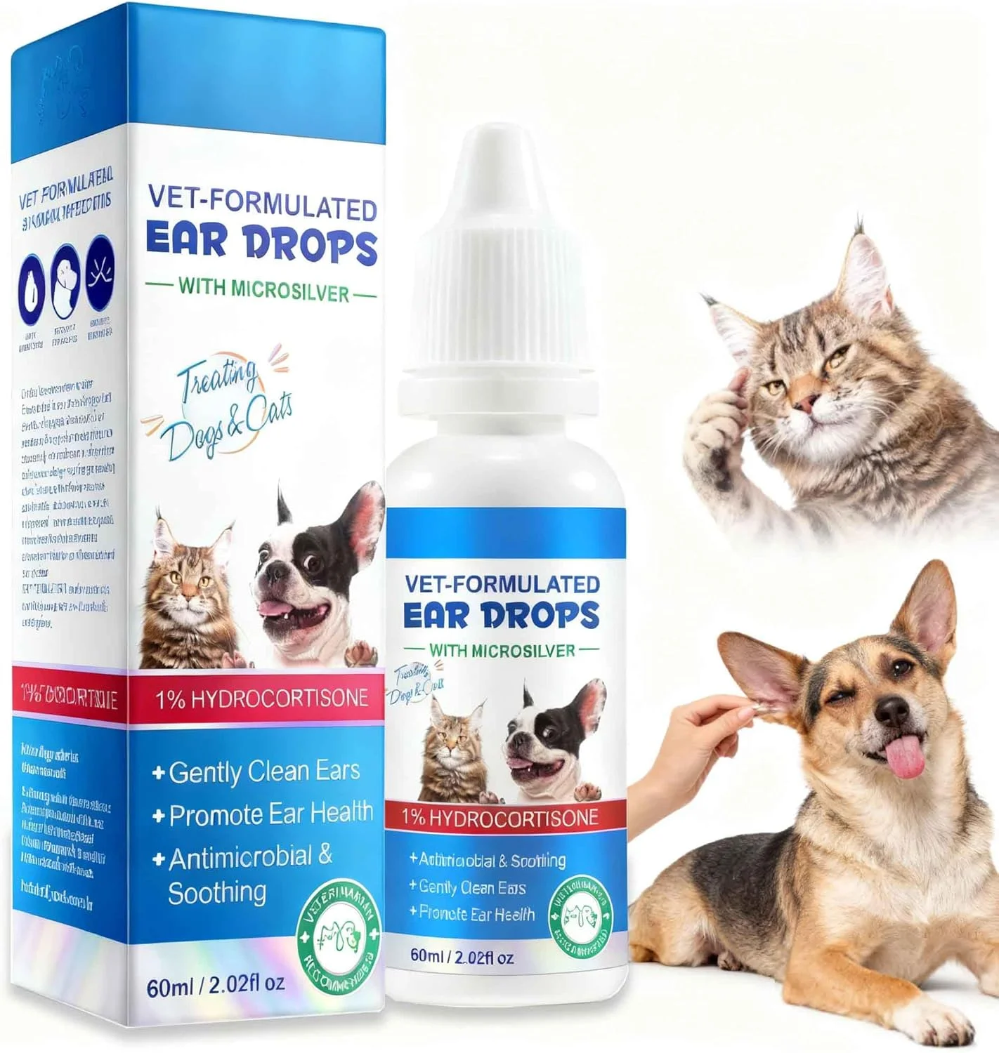 قطره گوش برای گربه و سگ - داروی عفونت گوش سگ - درمان کنه گوش - پاک کننده و تسکین دهنده مخمر سگ با 1% هیدروکورتیزون - تمیز کننده جرم گوش حیوانات خانگی - ملایم و موثر - 60 میلی لیتر