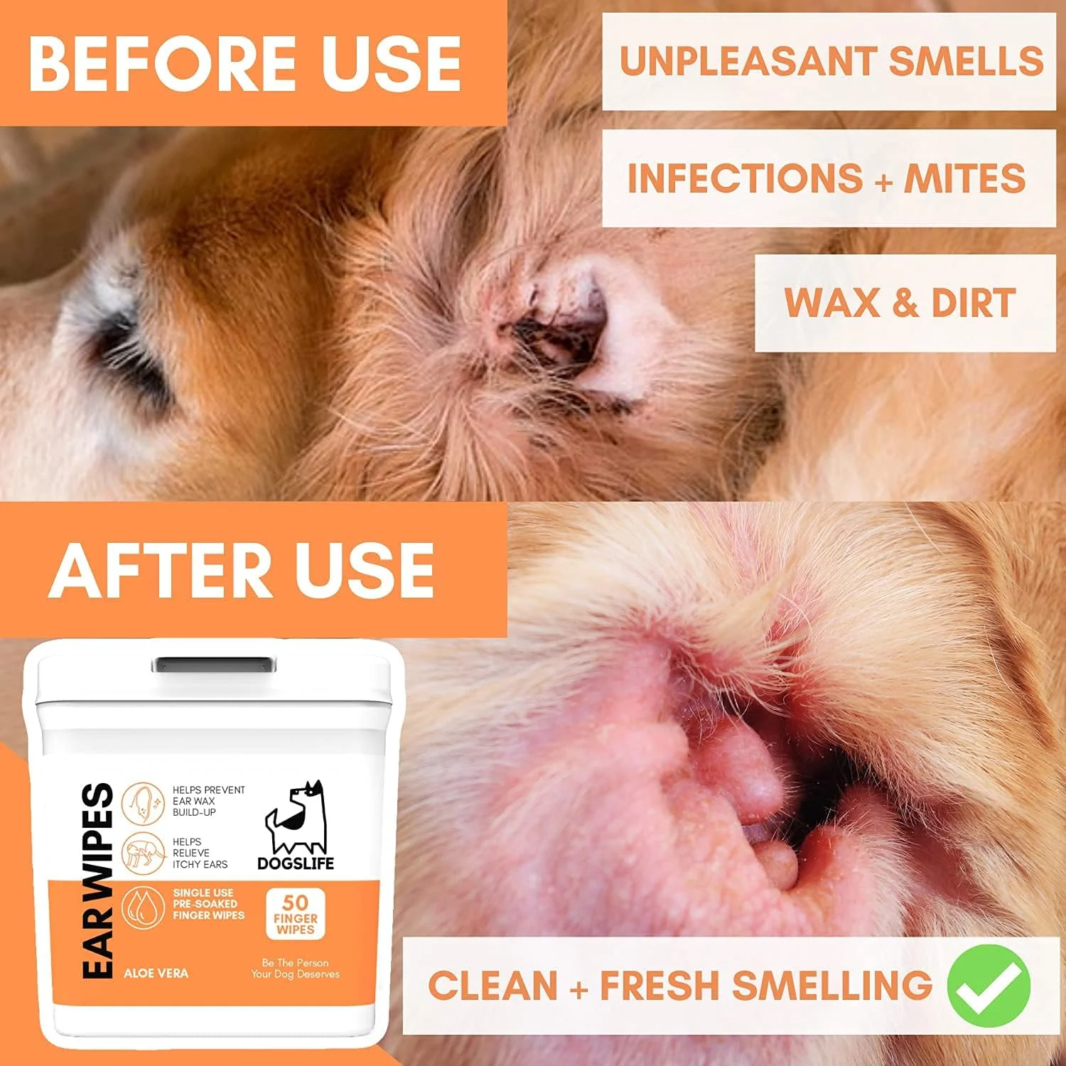 دستمال مرطوب تمیز کننده گوش سگ DogsLife حاوی آلوئه ورا - 50 عدد
