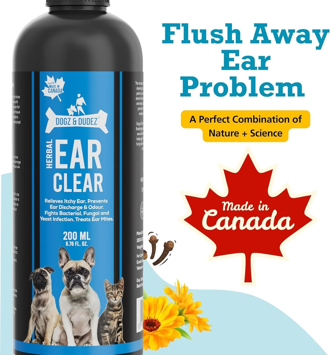 محلول پاک کننده گوش گیاهی سگ و حیوانات خانگی Dogz & Dudez ۲۰۰ میلی لیتر | تسکین خارش گوش، تکان دادن سر، جلوگیری از ترشحات و بوی بد گوش، مبارزه با عفونت های باکتریایی، قارچی و مخمری، درمان کنه گوش