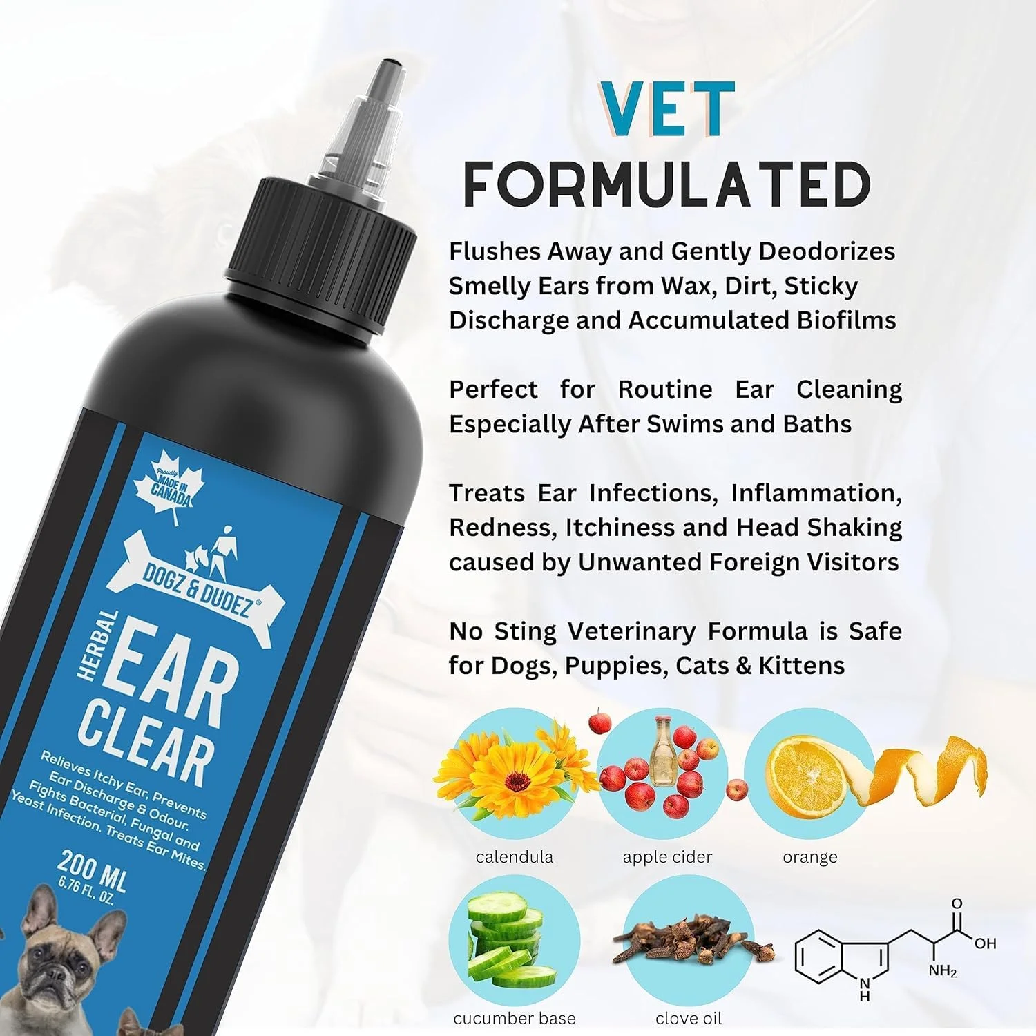 محلول پاک کننده گوش گیاهی سگ و حیوانات خانگی Dogz & Dudez ۲۰۰ میلی لیتر | تسکین خارش گوش، تکان دادن سر، جلوگیری از ترشحات و بوی بد گوش، مبارزه با عفونت های باکتریایی، قارچی و مخمری، درمان کنه گوش