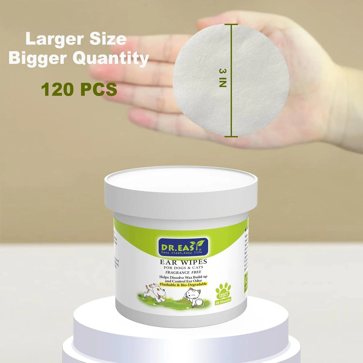 دستمال مرطوب تمیز کننده گوش حیوانات خانگی دکتر ایزی، 120 عددی، بدون عطر، کمک به حل کردن جرم گوش و کنترل بوی گوش، قابل شستشو در توالت و کمپوست، توقف خارش گوش، تمیز کننده طبیعی (بسته 1 عددی)