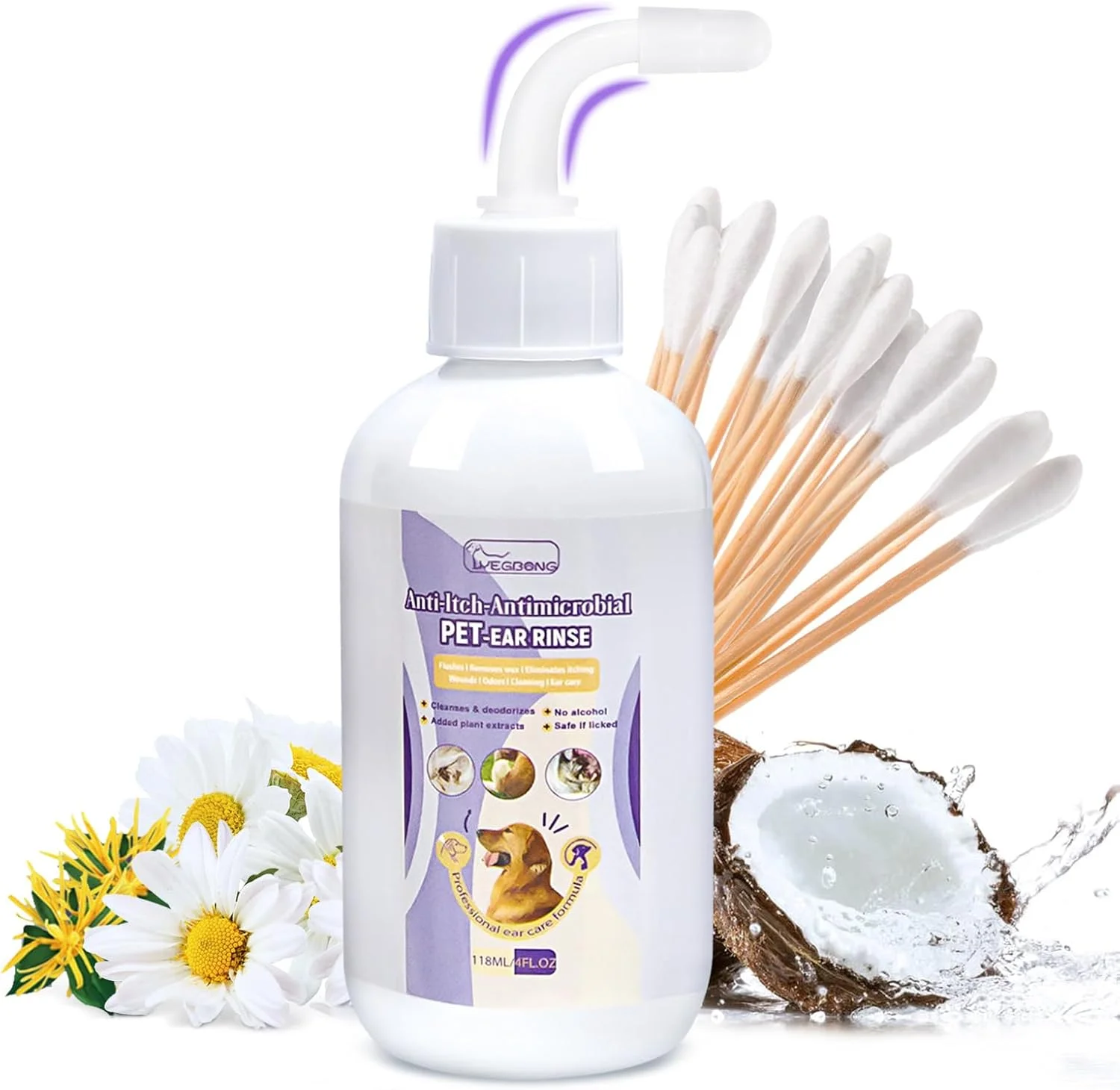 محلول تمیز کننده گوش سگ، درمان عفونت گوش سگ، تسکین التهاب گوش، رفع خارش، از بین بردن جرم گوش، بو، به همراه 10 عدد گوش پاک کن