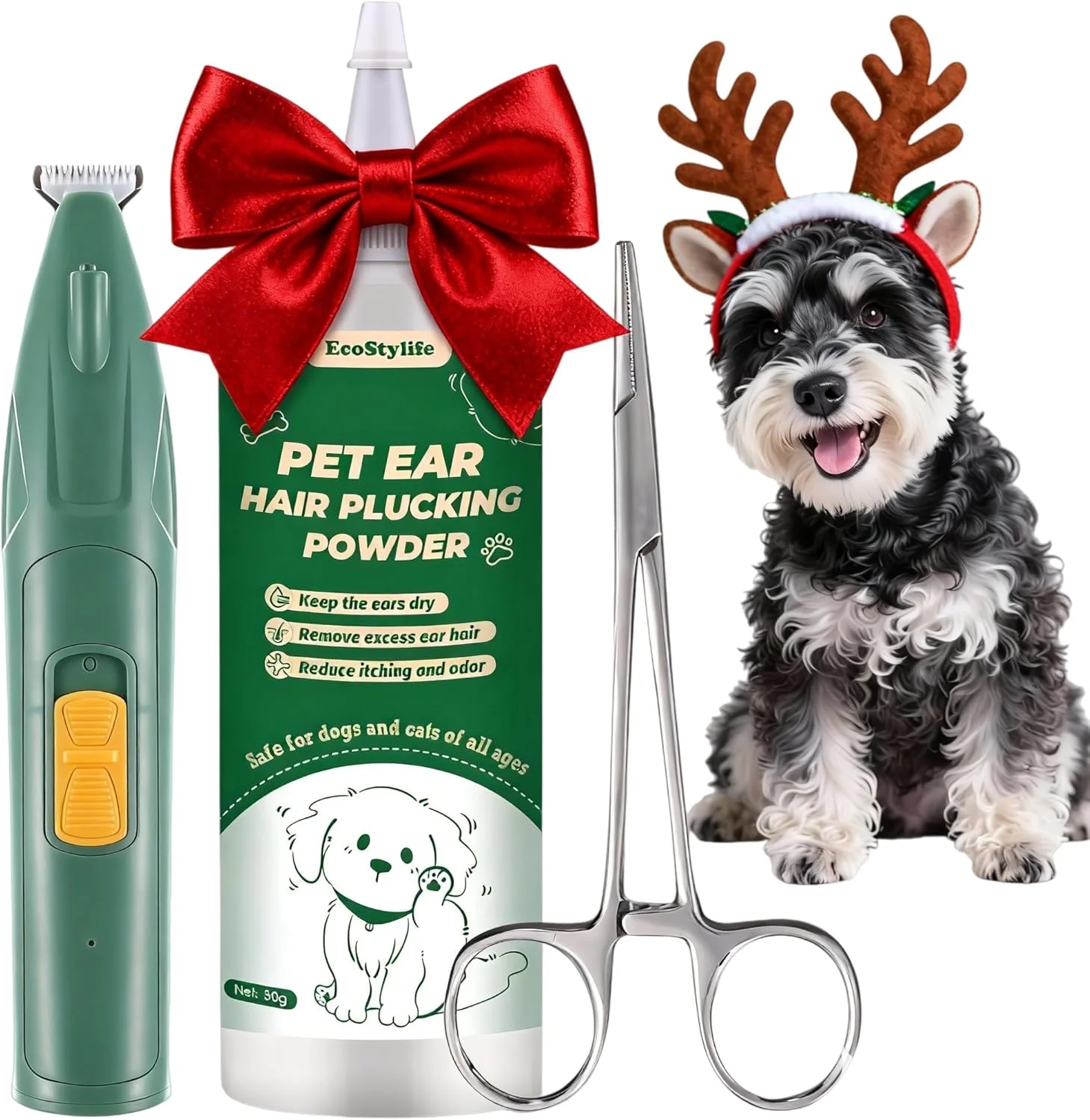 ابزار اصلاح موی گوش سگ - پودر گوش 30 گرمی، هموستات 5.5 اینچی و موزن برقی گوش سگ، تسکین ایمن و موثر خارش، جرم و بو - مراقبت ویژه برای نژادهای مستعد مشکلات گوش