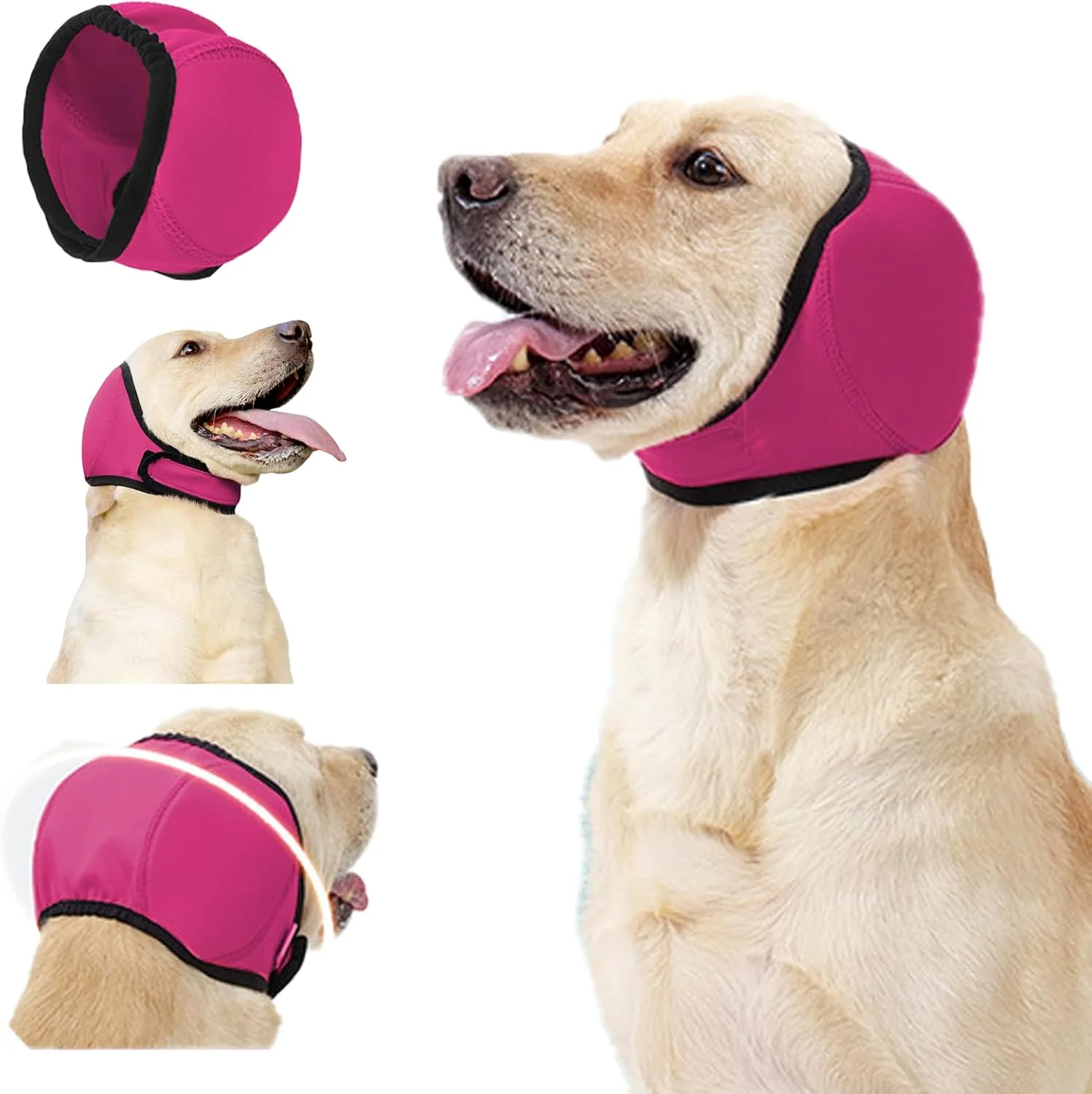 گوشی سگ برای محافظت در برابر صدا، هودی آرام‌بخش قابل تنظیم با پوشش‌های ضدآب گوش برای نظافت، حمام، شنا، و کاهش اضطراب ناشی از رعد و برق و آتش بازی (سایز بزرگ) (صورتی)
