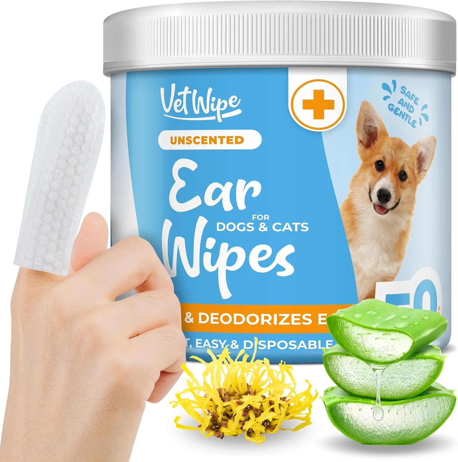 دستمال مرطوب تمیز کننده گوش سگ و گربه - دستمال انگشتی گوش برای سگ ها و گربه ها با محلول تمیز کننده گوش، تسکین دهنده و خوشبو کننده. تسکین گوش حیوانات خانگی - 50 عدد، سفید