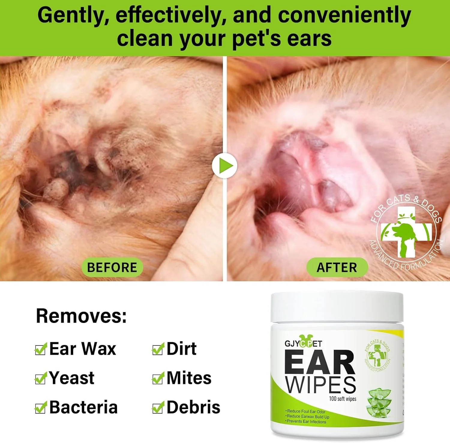 دستمال مرطوب تمیز کننده گوش سگ و گربه، کنترل کننده بو، 100 عدد، از بین برنده بو و آلودگی از گوش سگ