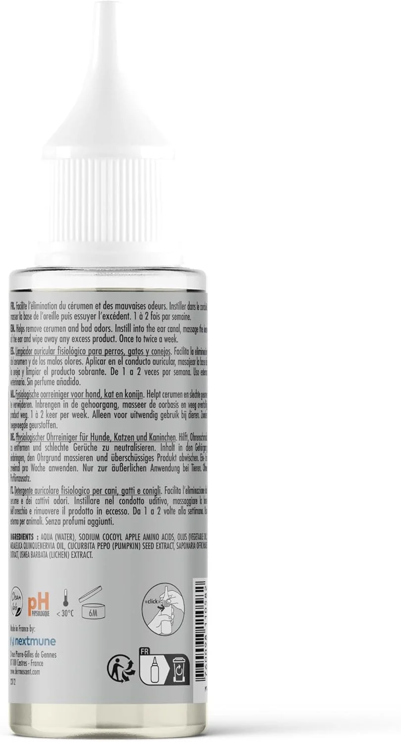 محلول پاک کننده گوش سگ، گربه و خرگوش درموسنت اسنشیال اوتو | فرمول طبیعی بدون الکل | از بین برنده جرم و بو | مرطوب کننده و تسکین دهنده | 100 میلی لیتر