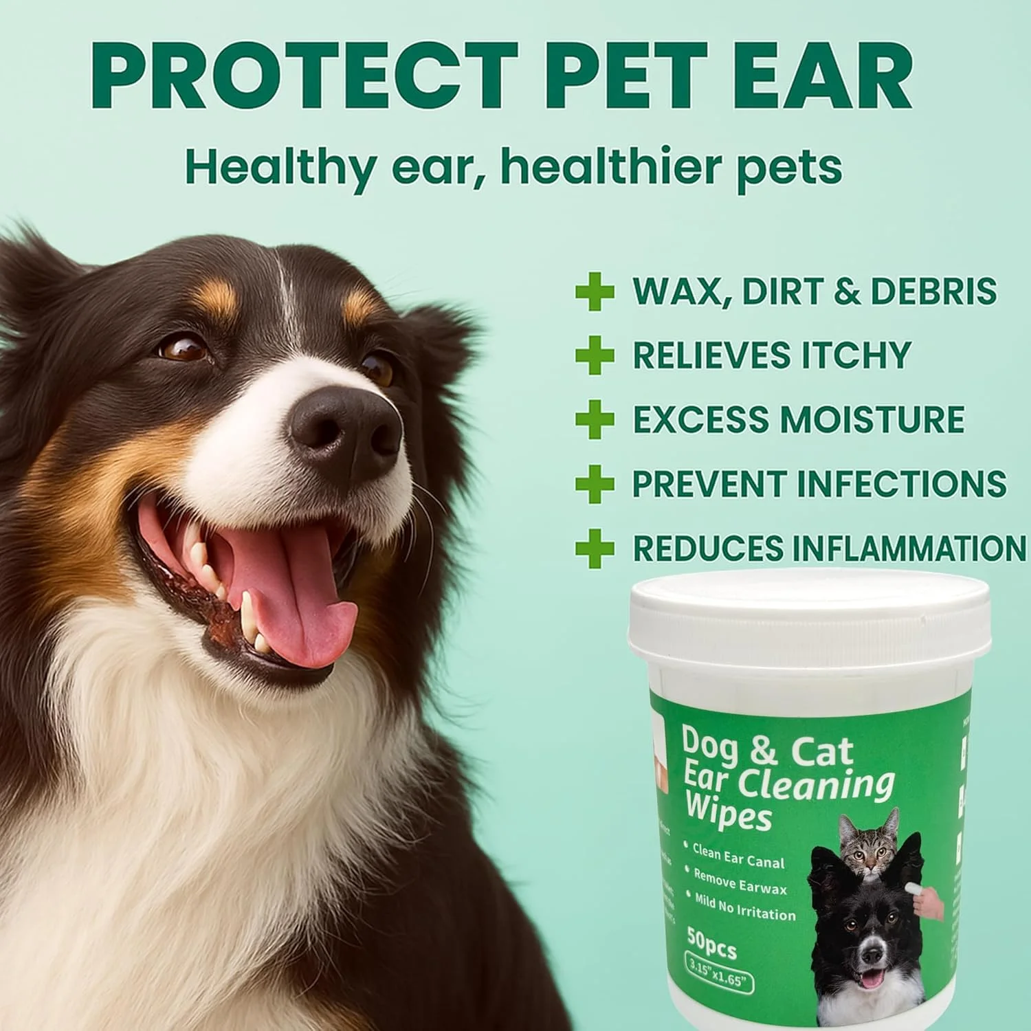 دستمال مرطوب تمیز کننده گوش سگ و گربه CTWPets، رایحه چای سبز، 50 عدد