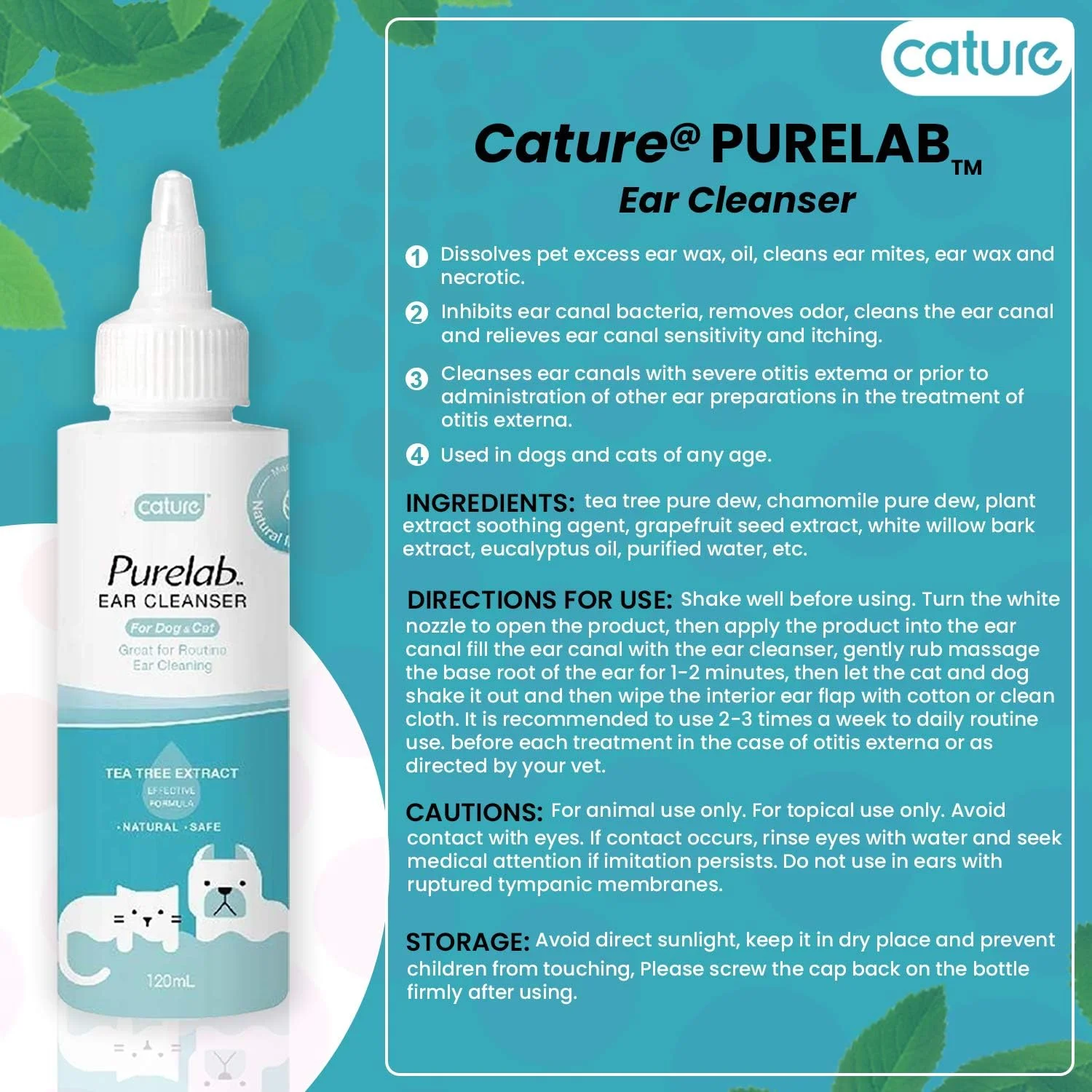 محلول پاک کننده طبیعی گوش Cature Purelab برای سگ/گربه 120 میلی لیتر