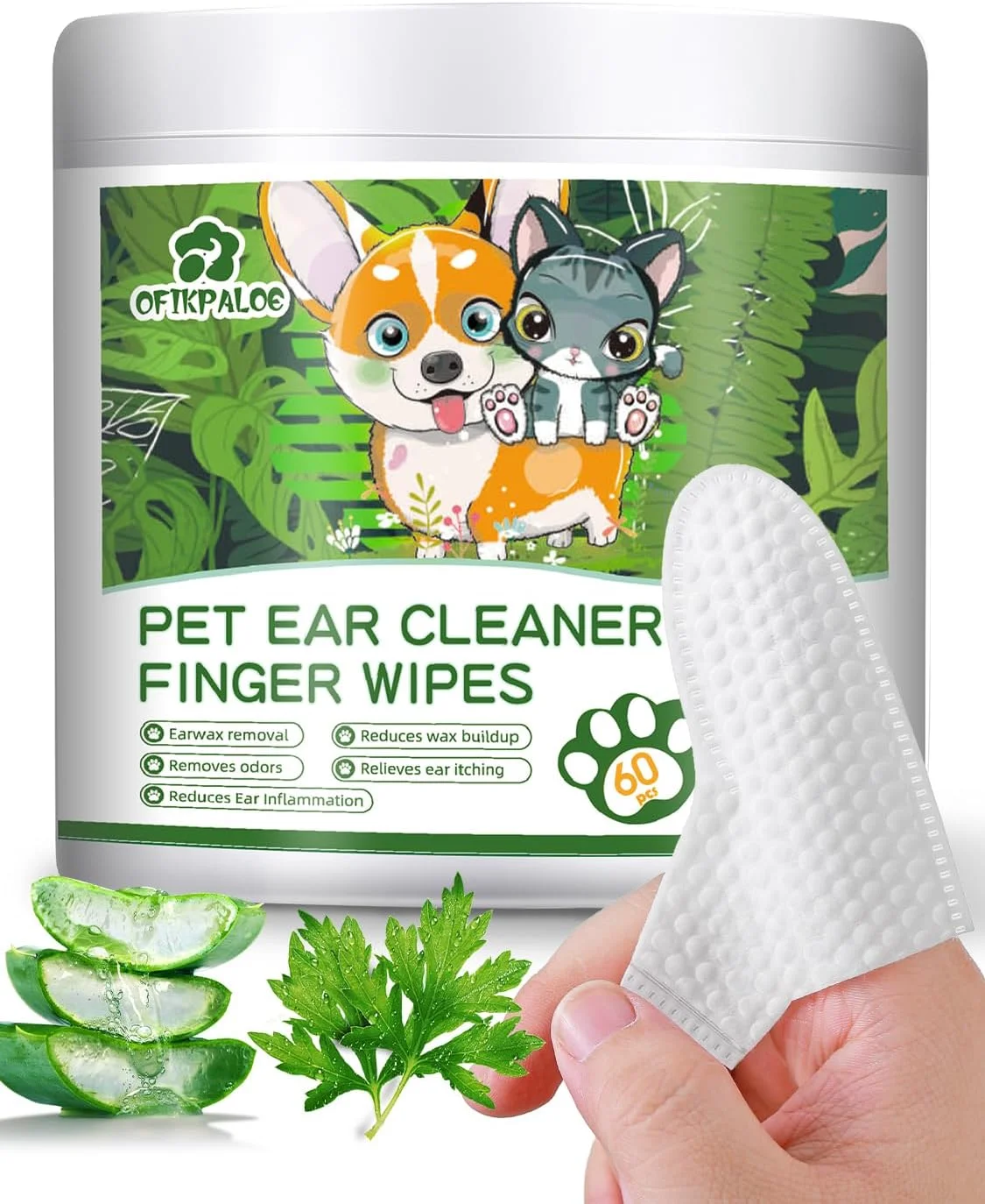 دستمال مرطوب تمیز کننده گوش سگ و گربه، پاک کننده جرم گوش، از بین برنده موثر بو، تسکین دهنده خارش و التیام بخش پوست، دستمال مرطوب انگشتی بدون عطر، مواد طبیعی، 60 عدد