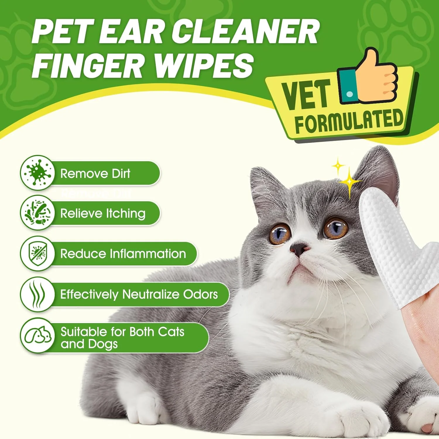 دستمال مرطوب تمیز کننده گوش سگ و گربه، پاک کننده جرم گوش، از بین برنده موثر بو، تسکین دهنده خارش و التیام بخش پوست، دستمال مرطوب انگشتی بدون عطر، مواد طبیعی، 60 عدد
