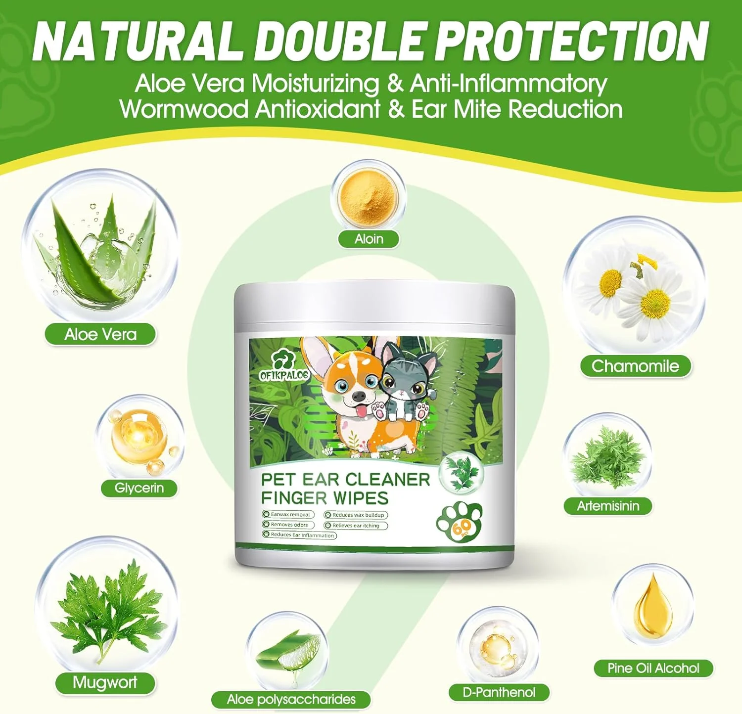 دستمال مرطوب تمیز کننده گوش سگ و گربه، پاک کننده جرم گوش، از بین برنده موثر بو، تسکین دهنده خارش و التیام بخش پوست، دستمال مرطوب انگشتی بدون عطر، مواد طبیعی، 60 عدد