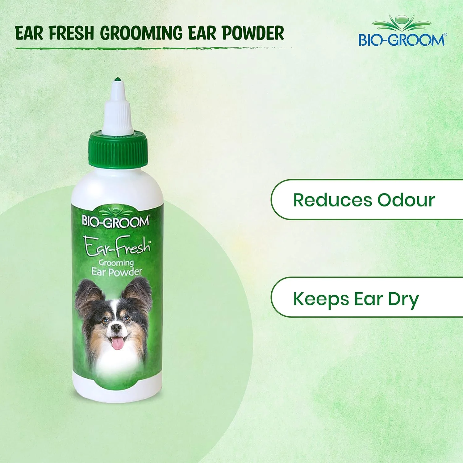پودر گوش سگ Bio-Groom Ear Fresh، کمک به خشک نگه داشتن گوش و کاهش بو، تسکین دهنده و کاهش خارش و بو، دارای پخش کننده قیفی شکل مناسب، 24 گرم
