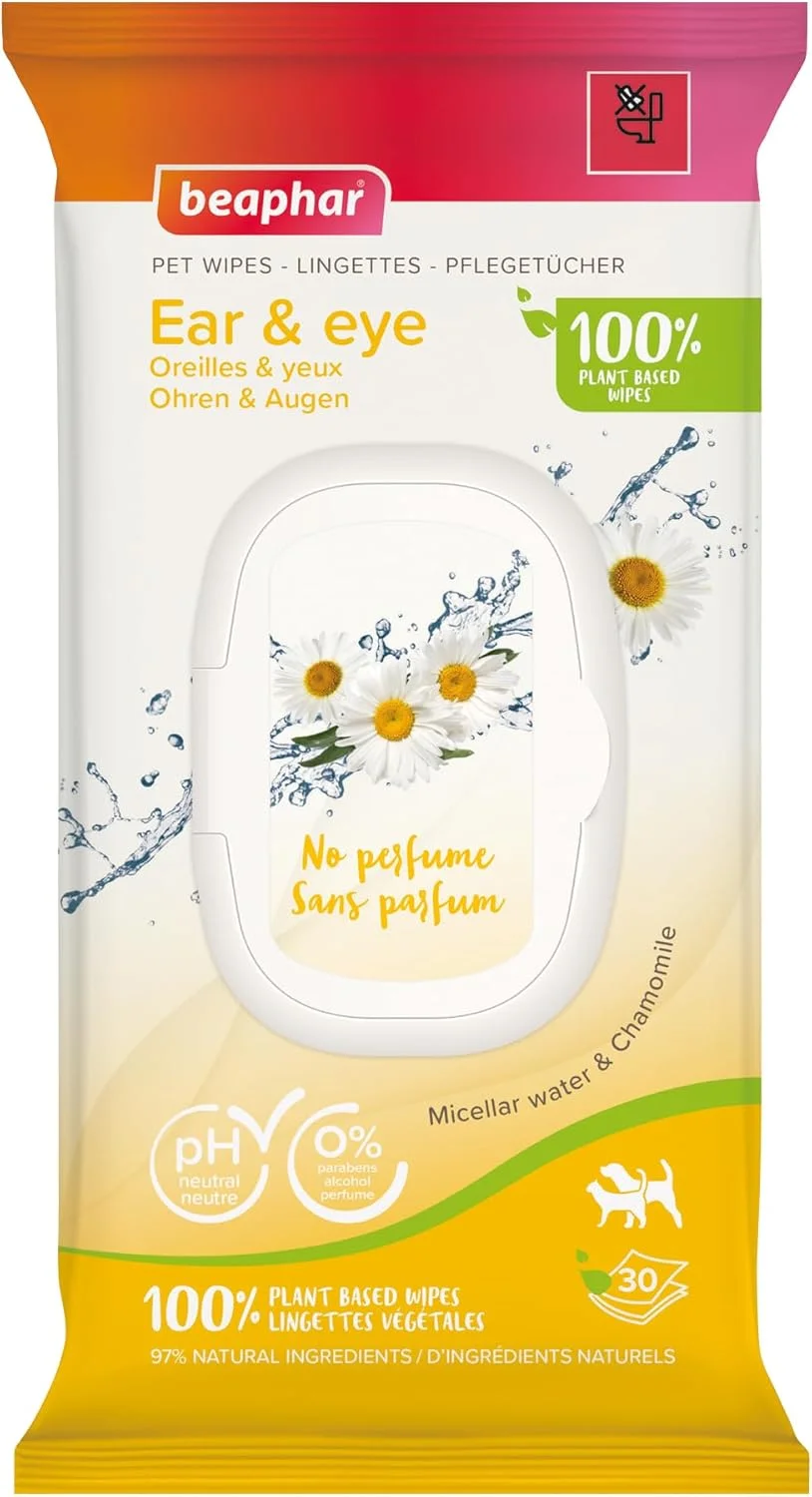 دستمال مرطوب حیوانات خانگی Beaphar - دستمال مرطوب گوش و چشم برای گربه ها و سگ ها - به آرامی اطراف چشم ها و گوش های ظریف را تمیز می کند - 100٪ گیاهی، دستمال مرطوب زیست تخریب پذیر - حاوی بابونه - 30 عدد - pH خنثی - بدون عطر