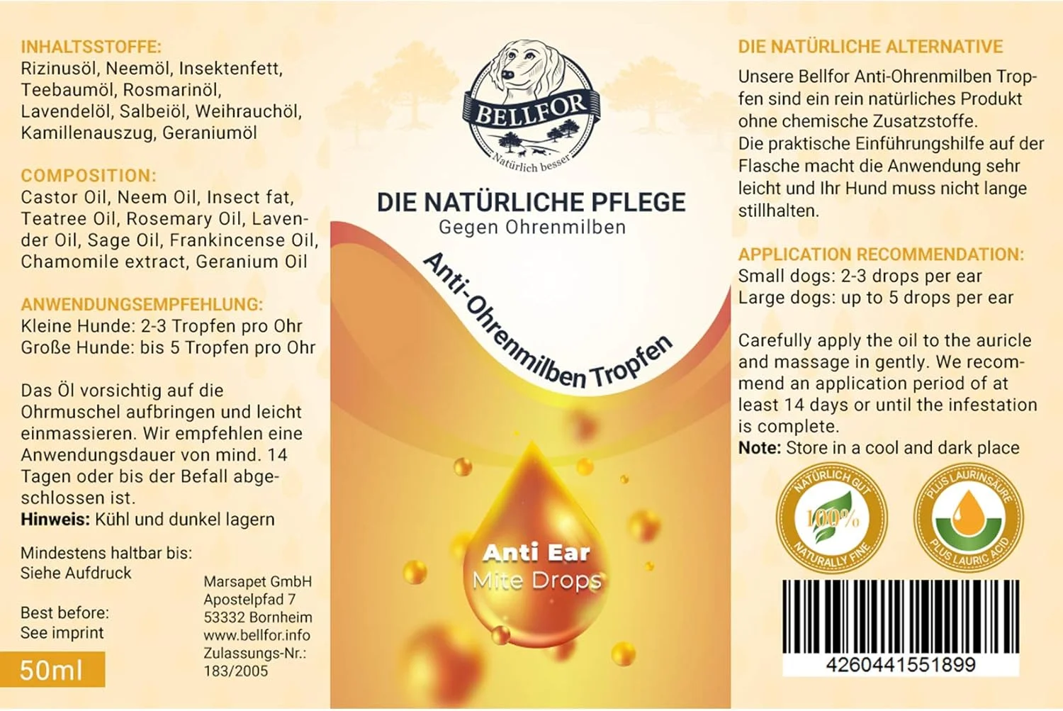 قطره ضد کنه گوش سگ بلفور - 50 میلی لیتر - حاوی روغن مریم گلی، روغن کرچک و روغن درخت چای - مراقبت طبیعی در برابر کنه های گوش، ملایم و موثر برای آلودگی