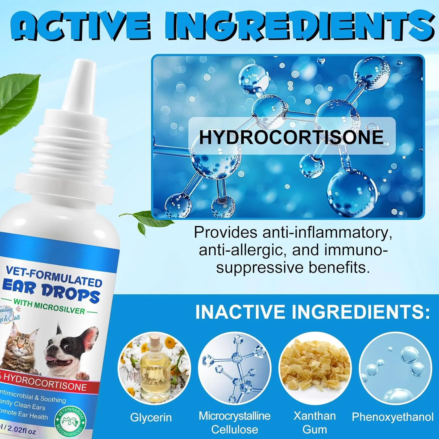 قطره درمان عفونت گوش سگ، درمان عفونت قارچی گوش با 1% هیدروکورتیزون، پاک کننده گوش سگ و گربه برای تسکین خارش گوش (60 میلی لیتر)