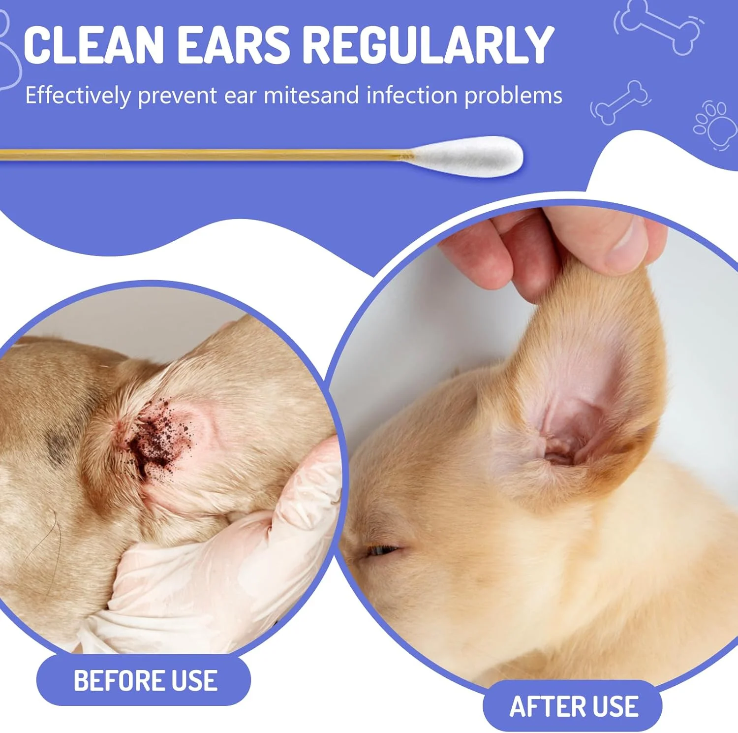۲۰۰ عدد گوش پاک کن بزرگ پنبه ای در جعبه نگهداری، گوش پاک کن های ۶ اینچی با دسته بامبو برای سگ ها - گوش پاک کن های بزرگ پنبه ای، مخصوص سگ ها، محلول تمیز کننده