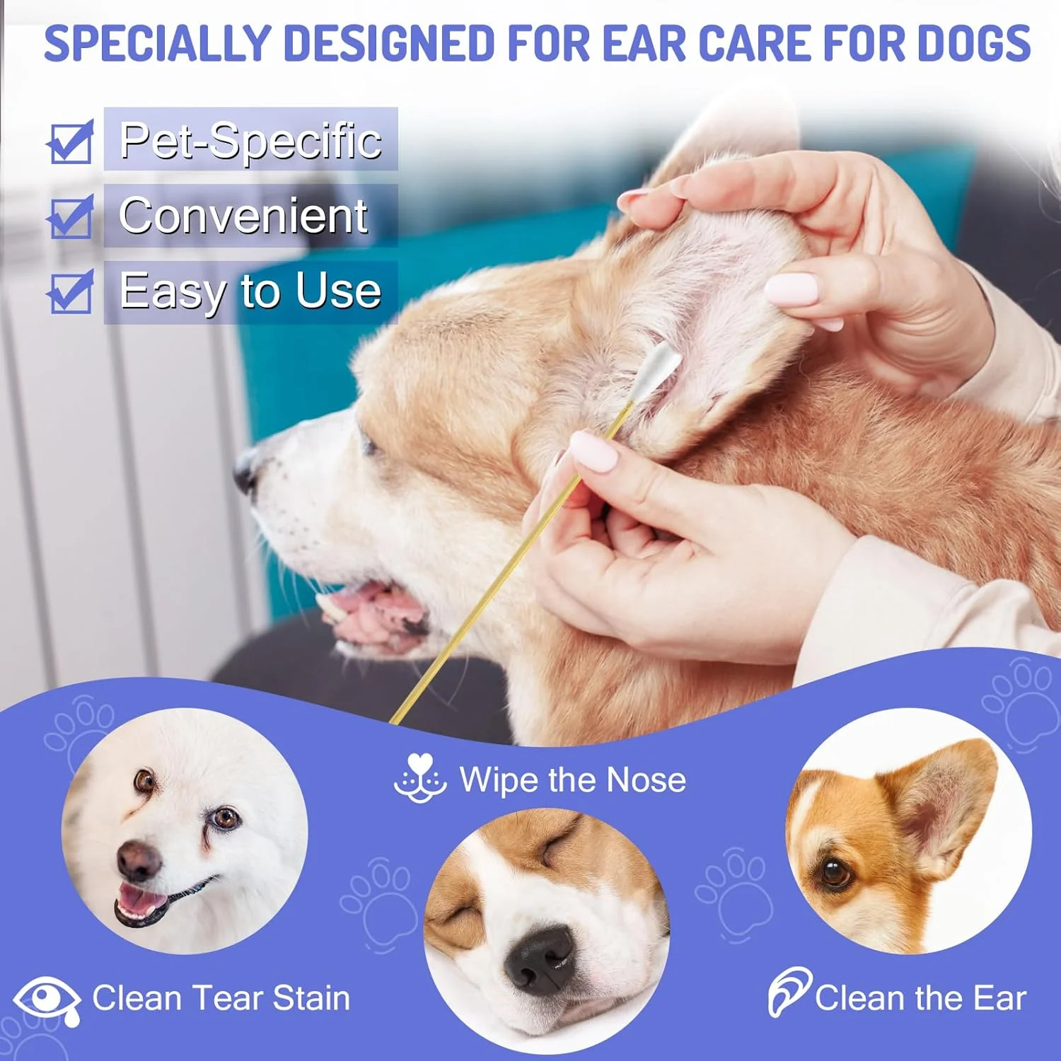 ۲۰۰ عدد گوش پاک کن بزرگ پنبه ای در جعبه نگهداری، گوش پاک کن های ۶ اینچی با دسته بامبو برای سگ ها - گوش پاک کن های بزرگ پنبه ای، مخصوص سگ ها، محلول تمیز کننده