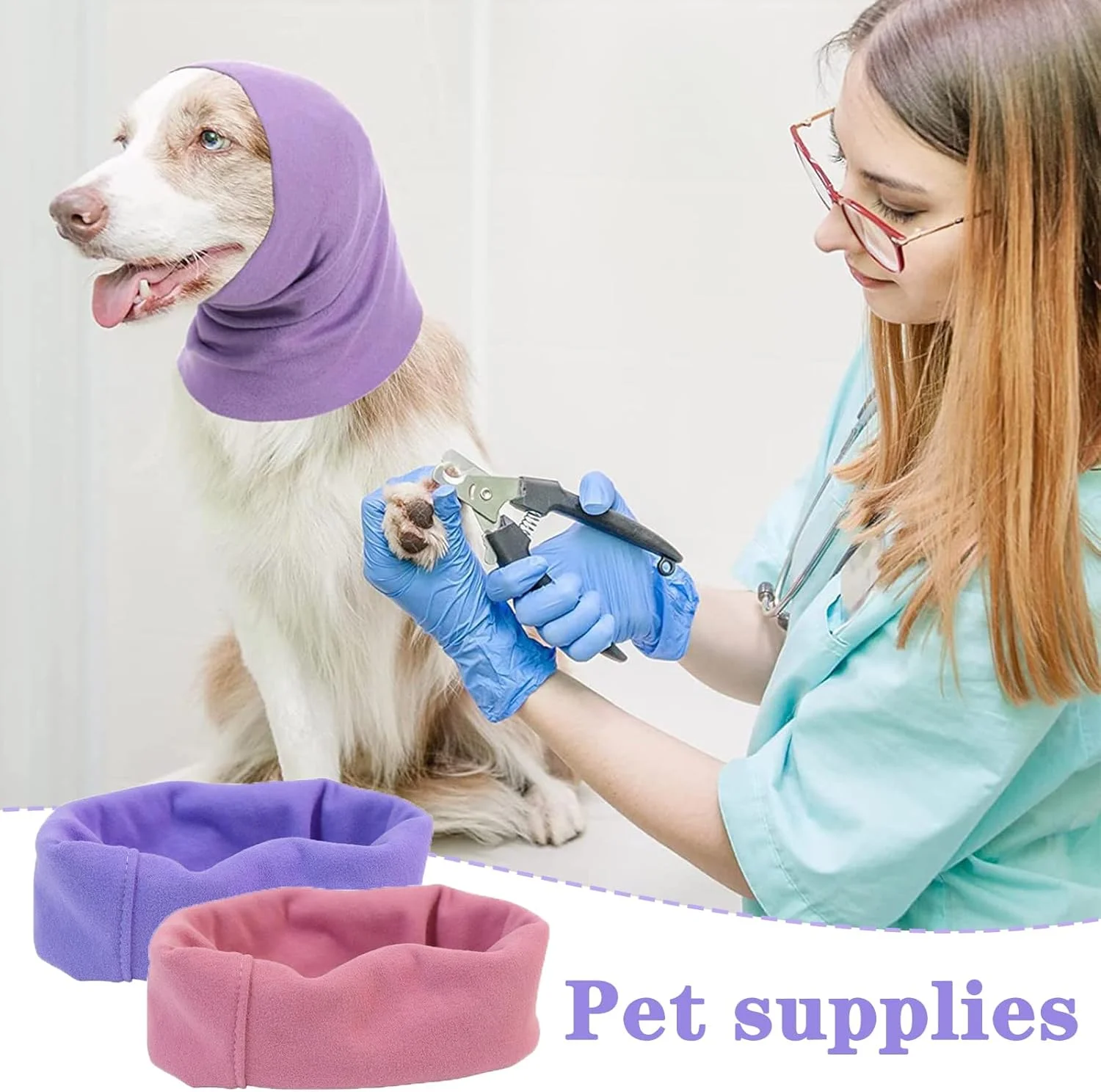 2 عدد محافظ گوش سگ، محافظ گوش آرامش بخش و تنفسی حیوانات خانگی، روکش های نرم و گرم گوش برای حمام، برای آرامش و کاهش اضطراب (صورتی بنفش)