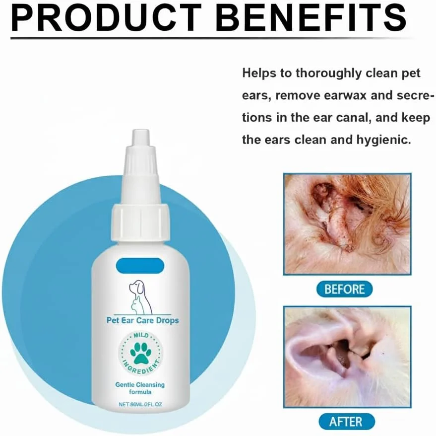 قطره پاک کننده گوش سگ 60 میلی لیتری، فرمول پیشرفته برای گوش های خارش دار، شستشوی گوش ایمن و موثر برای سگ ها و گربه ها