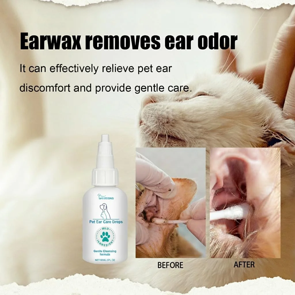 قطره پاک کننده گوش سگ 60 میلی لیتری، فرمول پیشرفته برای گوش های خارش دار، شستشوی گوش ایمن و موثر برای سگ ها و گربه ها