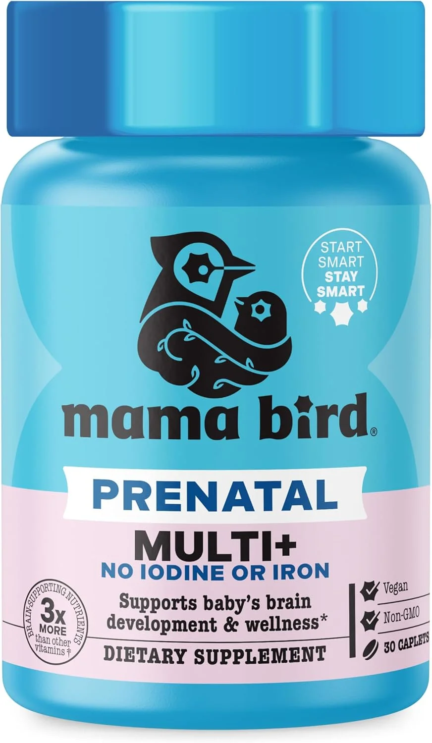 بهترین مکمل دوران بارداری Mama Bird بدون ید و آهن - مولتی ویتامین دوران بارداری برای سلامت مغز و دستگاه گوارش - مولتی ویتامین وگان با متیل فولات، پروبیوتیک ها و موارد دیگر - 30 کپسول