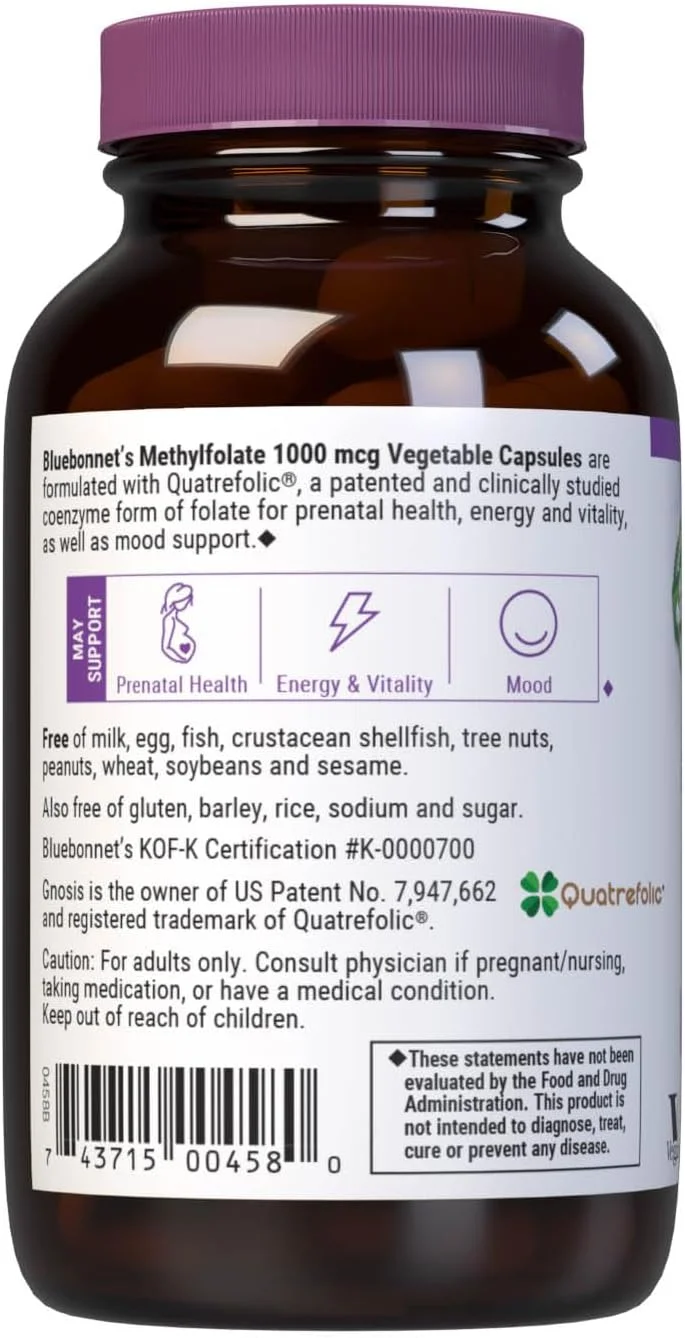 متیل فولات ۱۰۰۰ میکروگرم BlueBonnet Nutrition، برای انرژی، خلق و خو و سلامت دوران بارداری*، غیر GMO، وگان، دارای گواهی کوشر، بدون گلوتن، 60 کپسول گیاهی، 60 سروینگ متیل فولات ۱۰۰۰ میکروگرم BlueBonnet Nutrition، برای انرژی، خلق و خو و سلامت دوران بارداری*، غیر GMO، وگان، دارای گواهی کوشر، بدون گلوتن، 60 کپسول گیاهی، 60 سروینگ