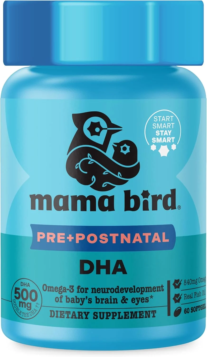 مکمل دوران بارداری Mama Bird Prenatal DHA از Best Nest Wellness - مکمل سلامتی با امگا 3 DHA و EPA - مکمل روغن ماهی برای زنان باردار - پشتیبانی از رشد مغز و چشم جنین - 60 سافت ژل